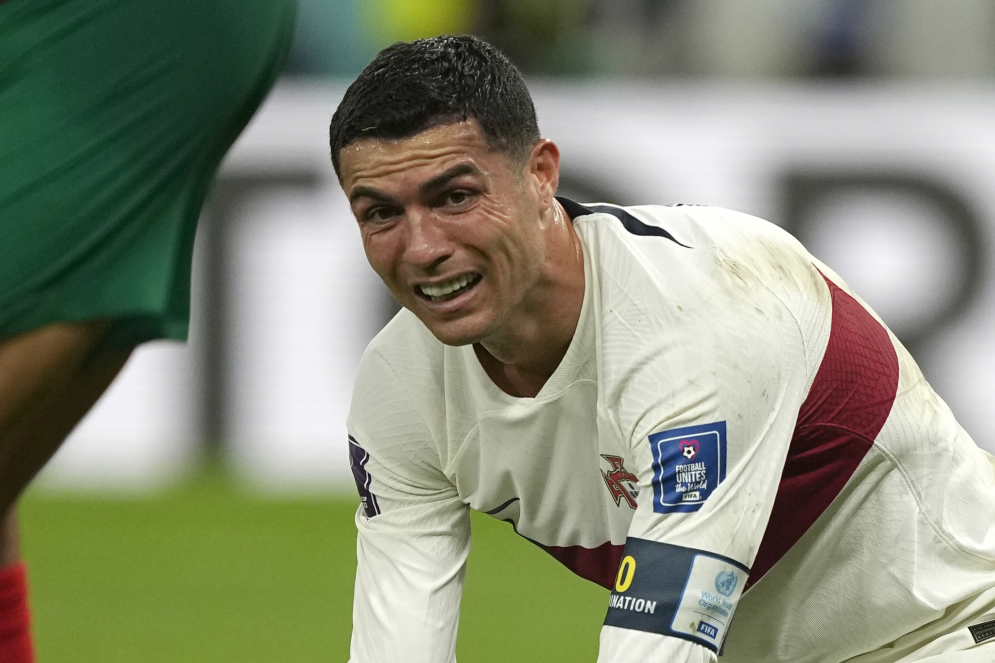 Portugal's Cristiano  lt;HIT gt;Ronaldo lt;/HIT gt; reacts after missing an opportunity to score during the World Cup quarterfinal soccer match between Morocco and Portugal, at Al Thumama Stadium in Doha, Qatar, Saturday, Dec. 10, 2022. (AP Photo/Martin Meissner)