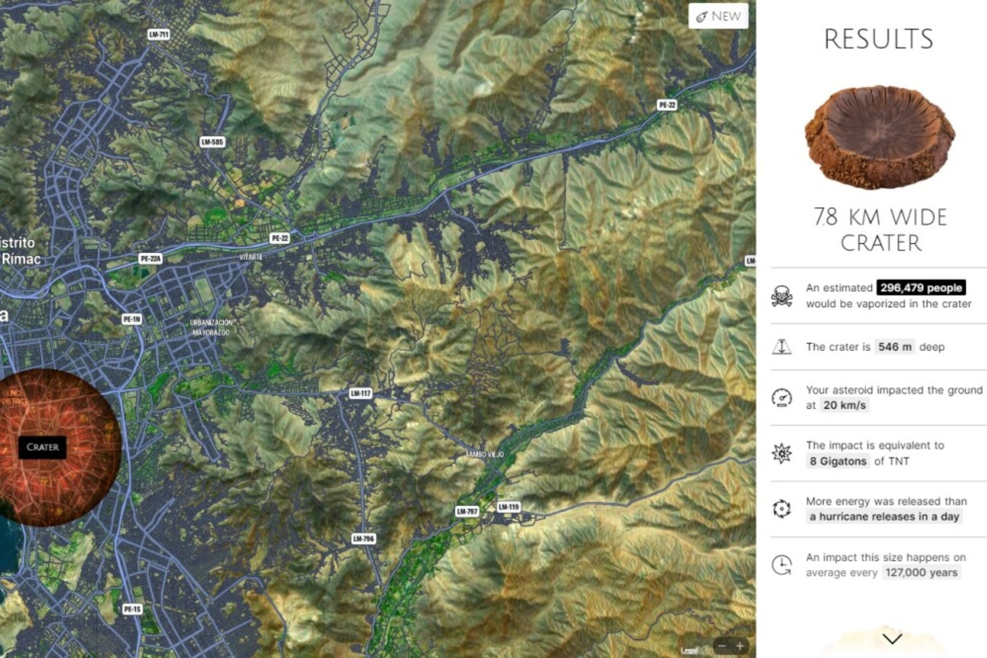Un mapa interactivo muestra los daos que causara un Meteorito, segn tamao y zona de impacto