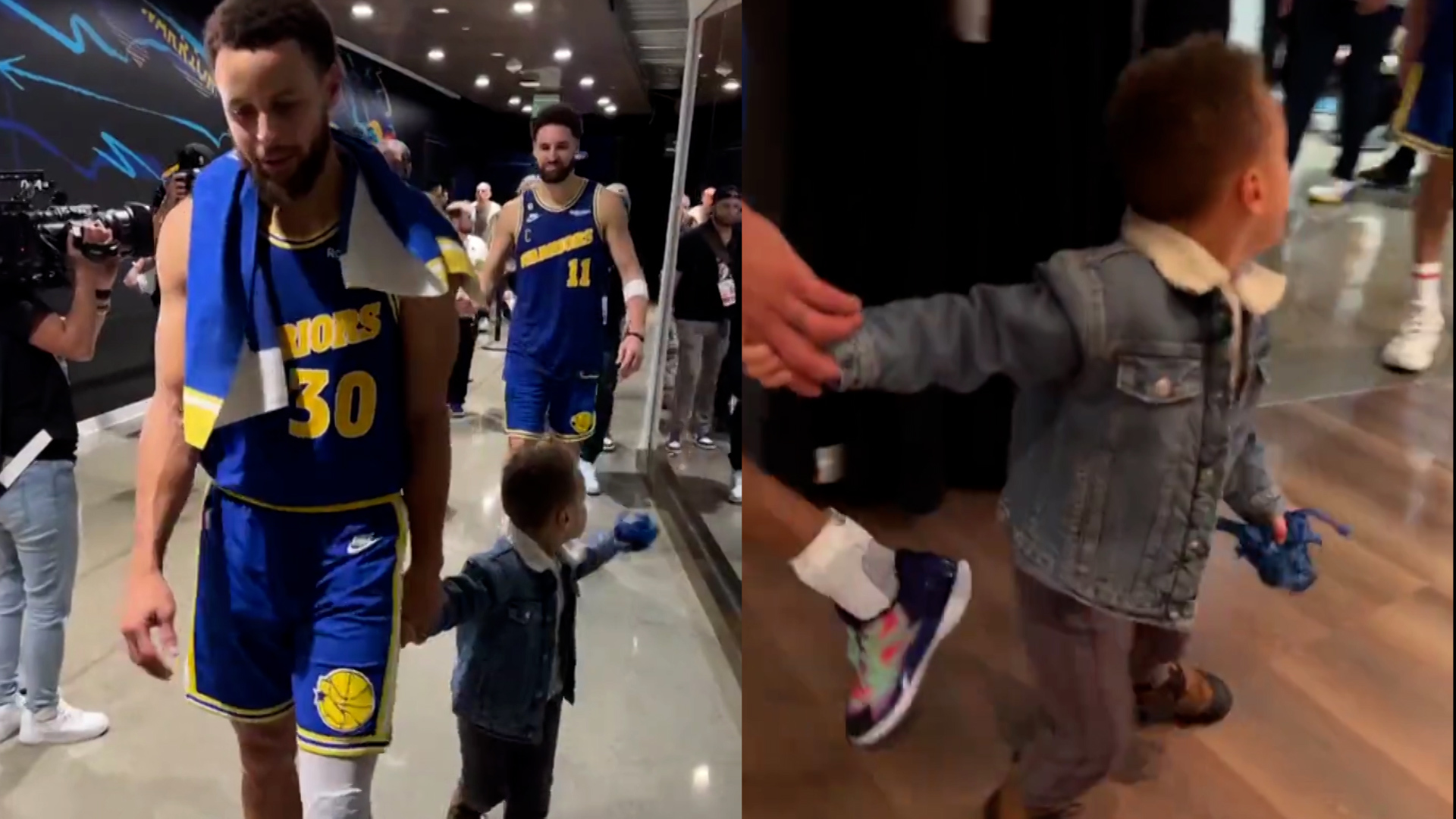 Steph's Curry's son Canon adorably greets Klay Thompson during post-match interview