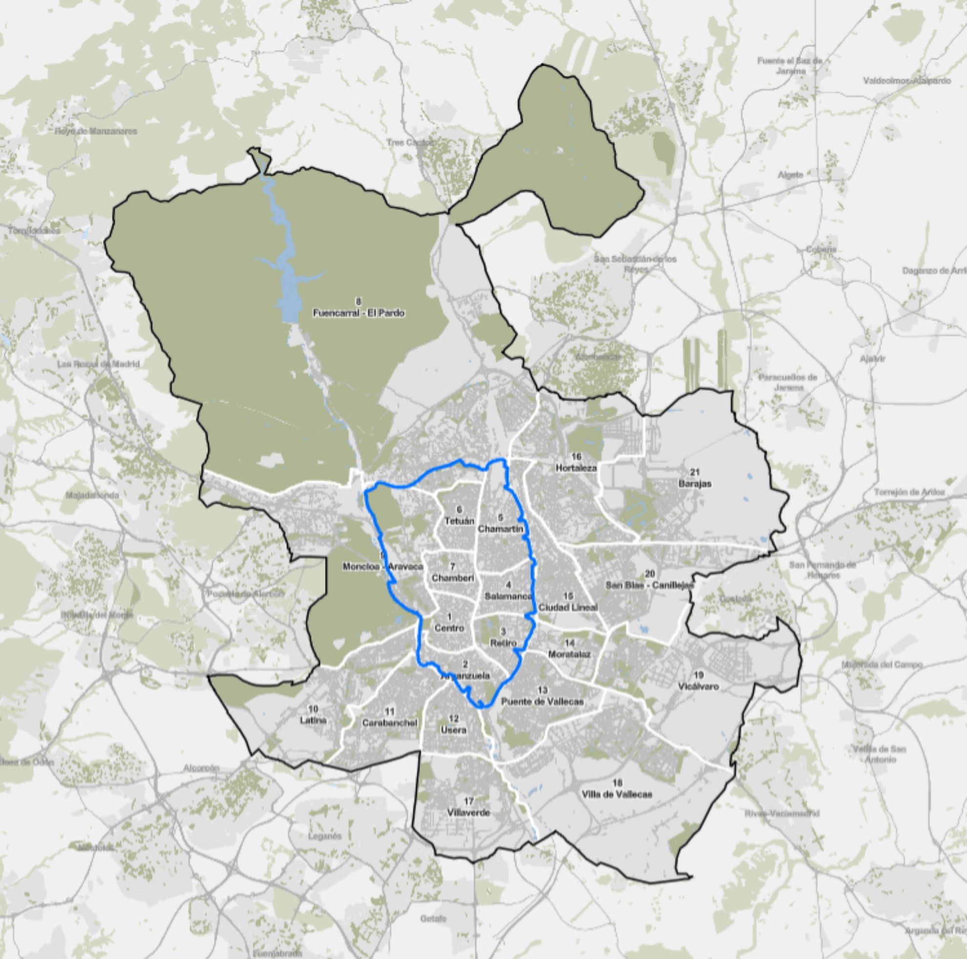 Mapa que delimita el permetro de Madrid ZBE. En azul, la M-30.