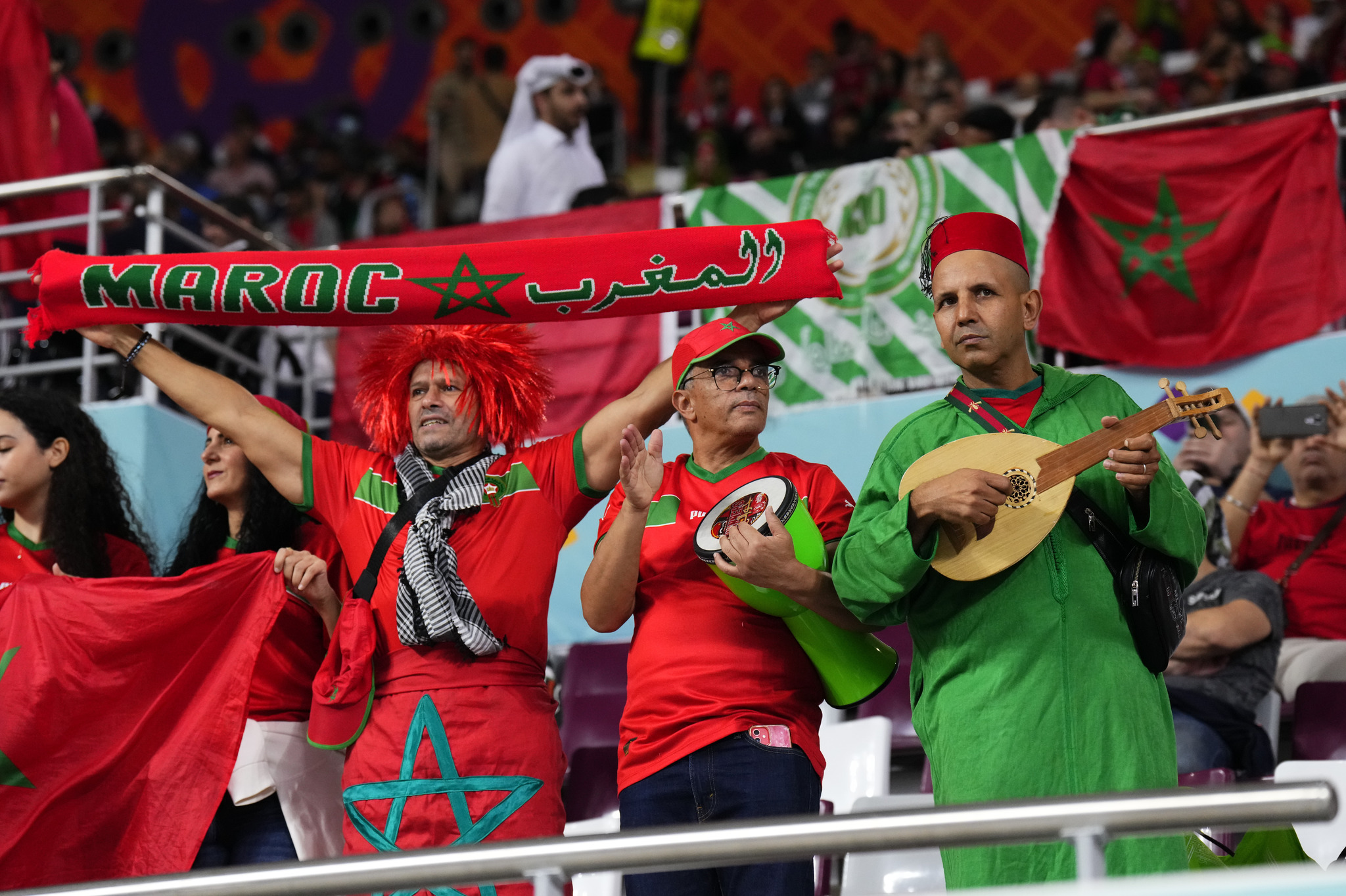  lt;HIT gt;Fans lt;/HIT gt; of  lt;HIT gt;Morocco lt;/HIT gt; cheer prior to the World Cup third-place playoff soccer match between Croatia and  lt;HIT gt;Morocco lt;/HIT gt; at Khalifa International Stadium in Doha, Qatar, Saturday, Dec. 17, 2022. (AP Photo/Hassan Ammar)