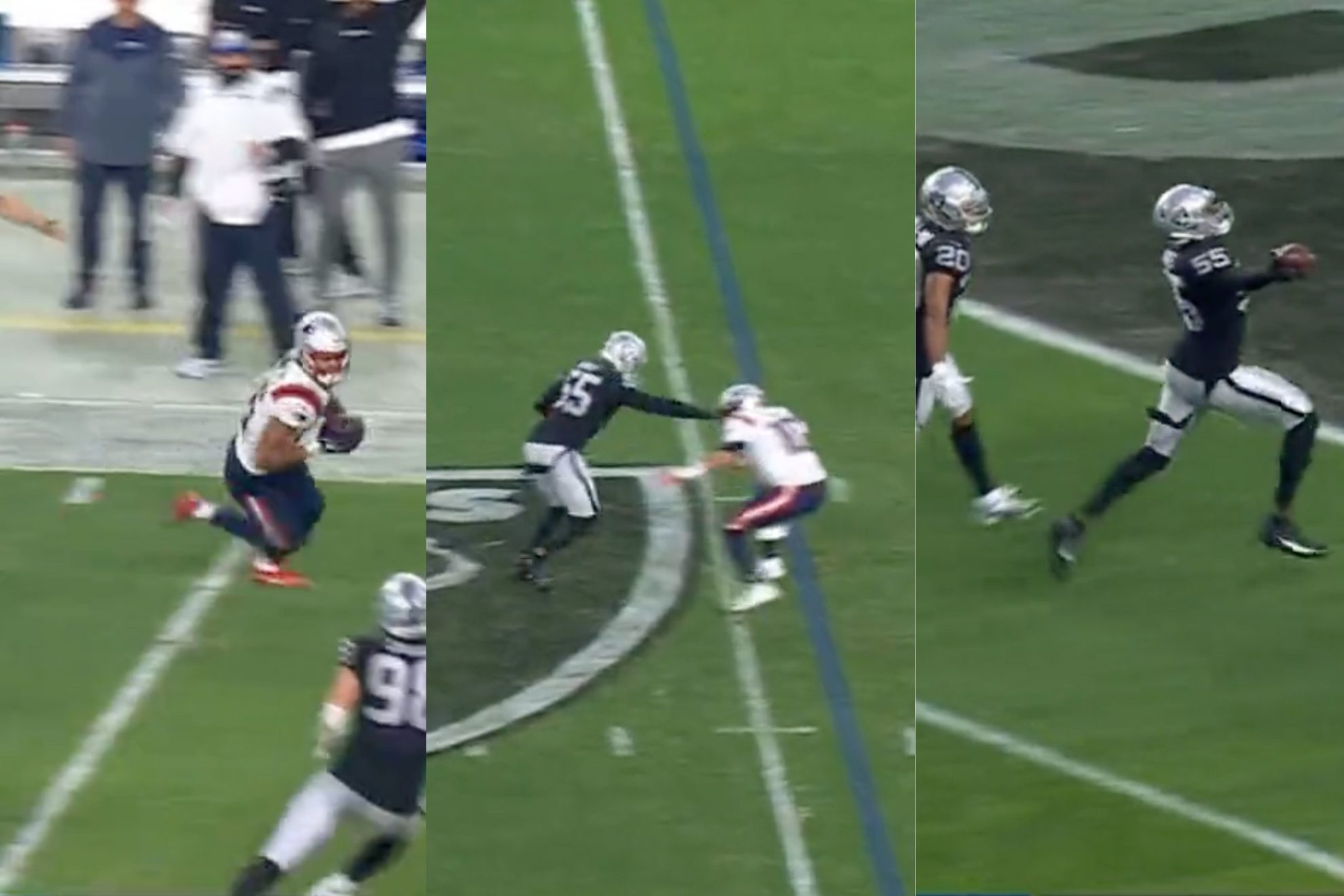 Sequence of the absurd ending in the Patriots-Raiders (24-30) game, which ended on a high-risk unnecessary set of laterals.