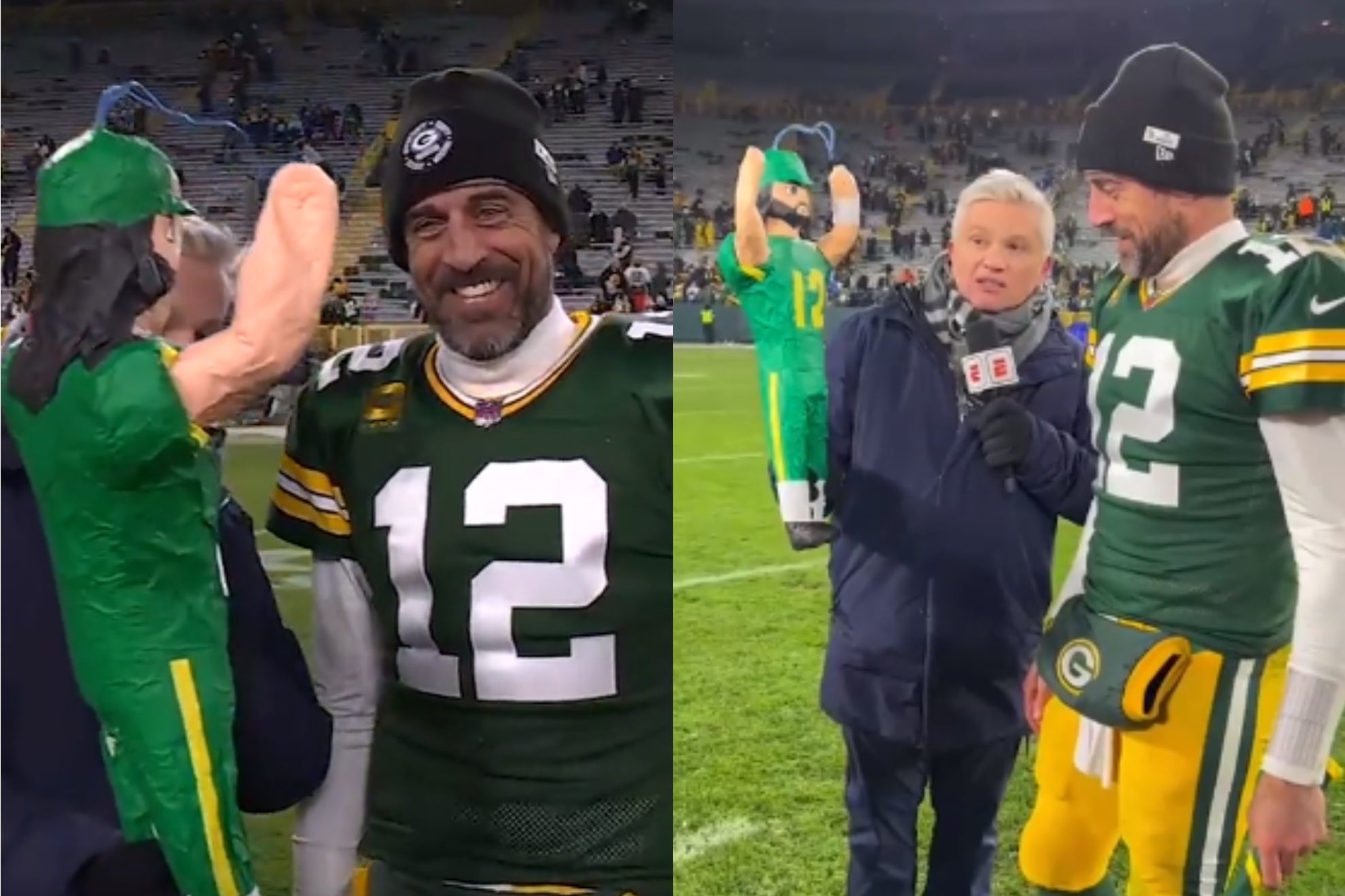 Aaron Rodgers receives piñata from John Sutcliffe after Monday Night Football