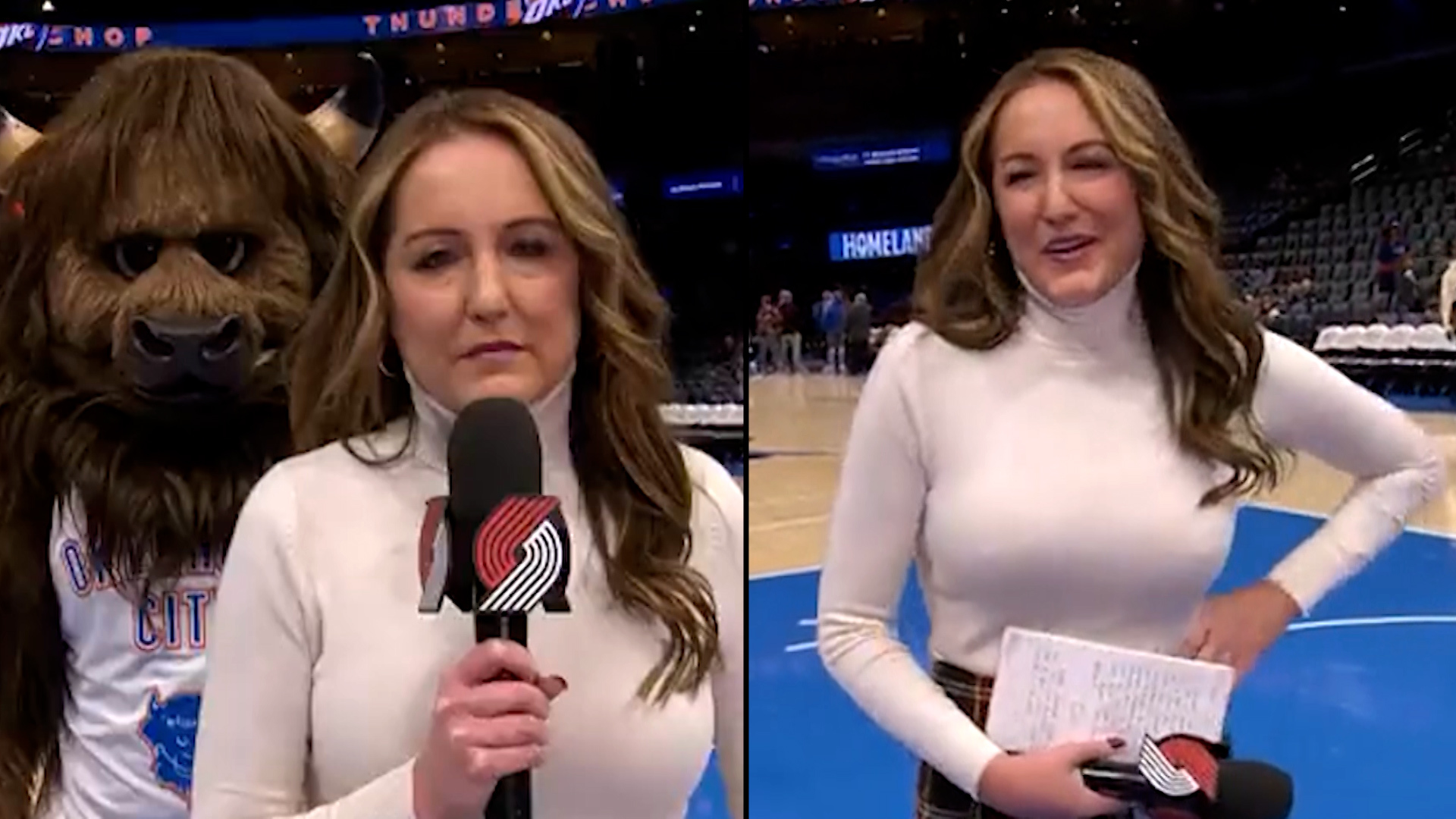 NBA mascot scares reporter live, she hits him with microphone