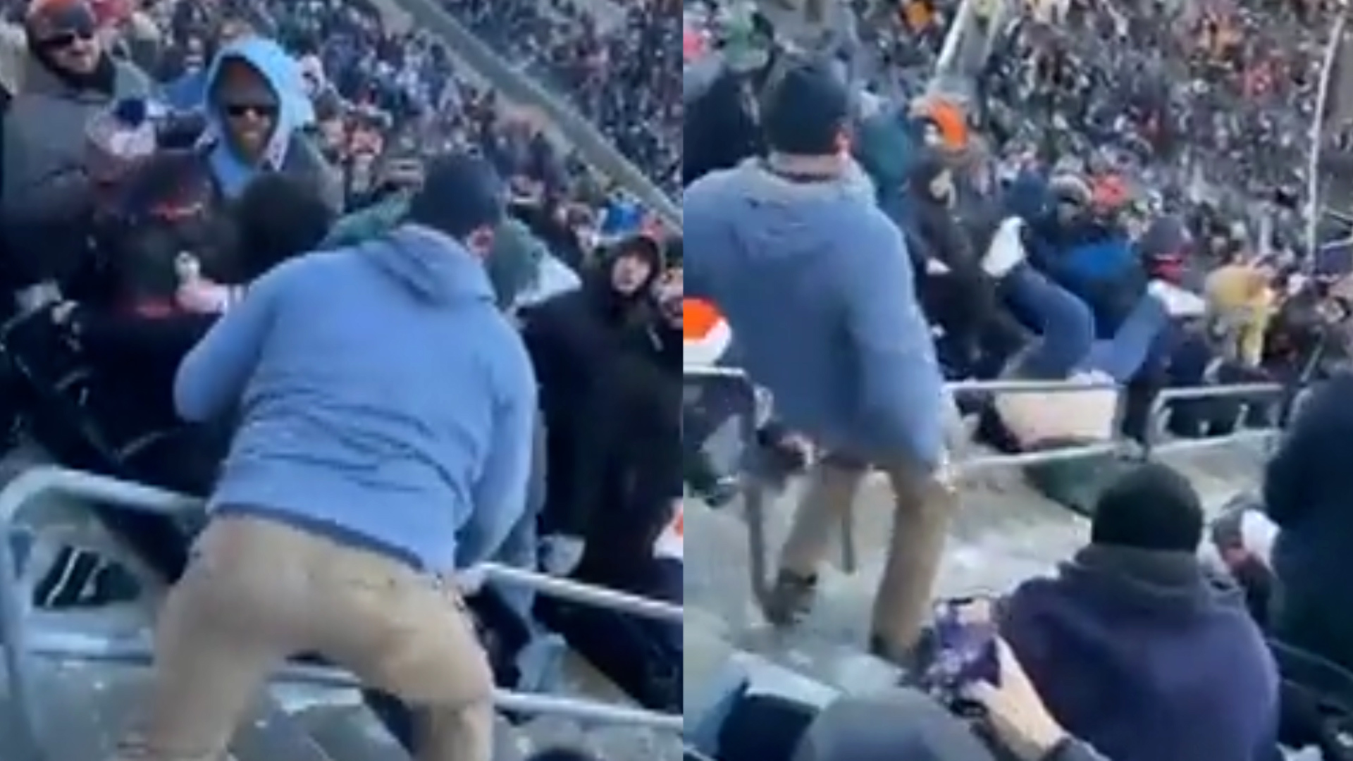 Green Bay packers fan sent dangerously tumbling down stadium stairs during brawl