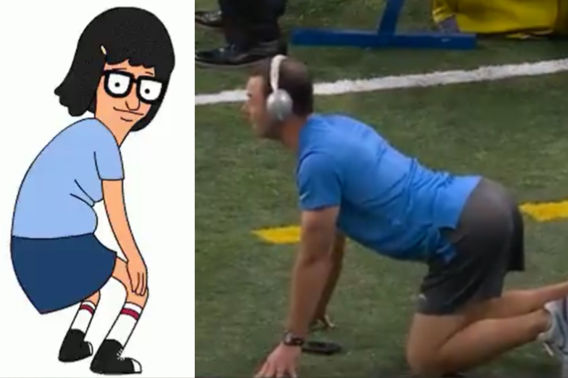 Tina from Bob's Burgers (left) and Brandon Staley (right)