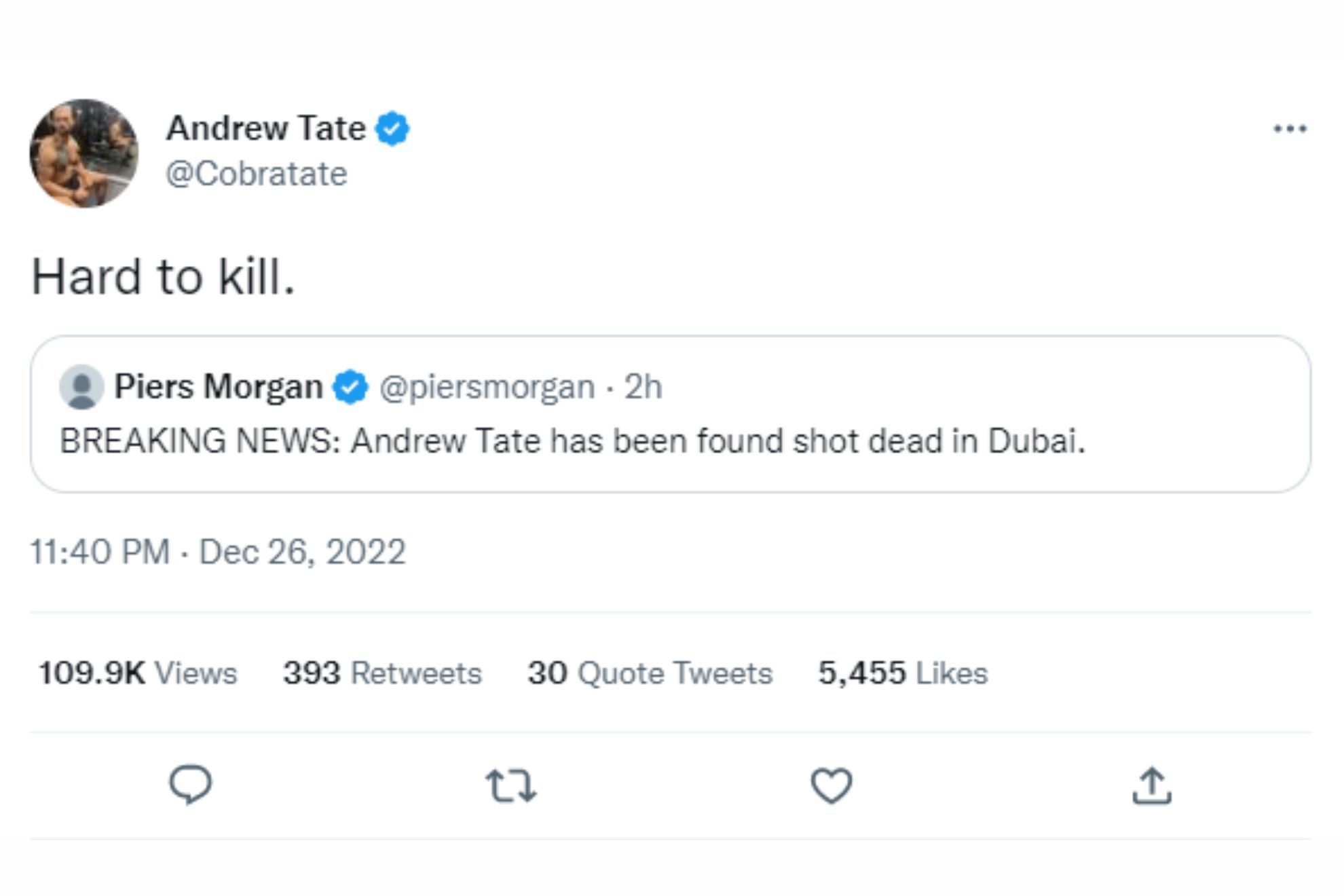 Andrew Tate responds to Piers Morgan tweet claiming he was killed