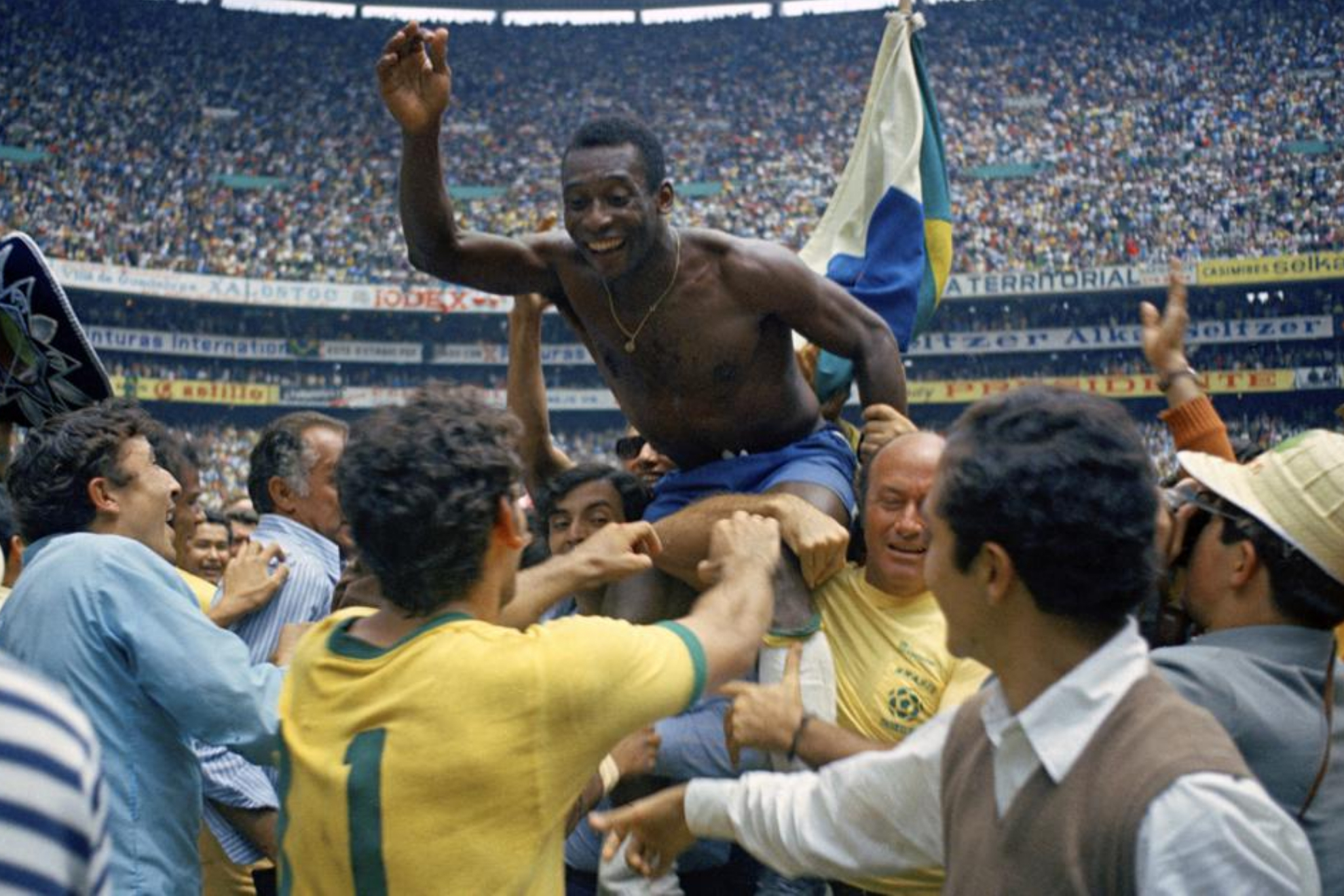Pele is hoisted on shoulders after Brazil won the World Cup final against Italy, 4-1, in Mexico 1970.
