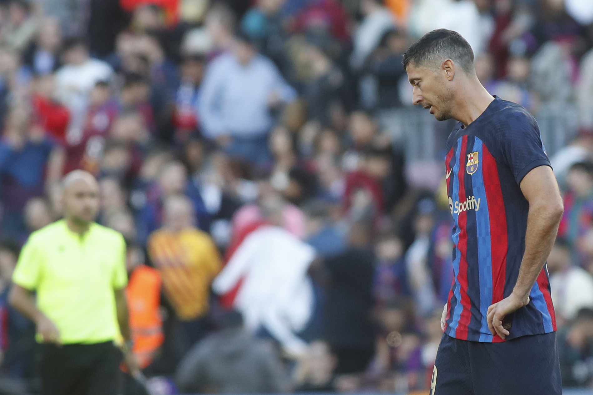Lewandowski, cariacontecido, durante el encuentro del da 31 frente al Espanyol