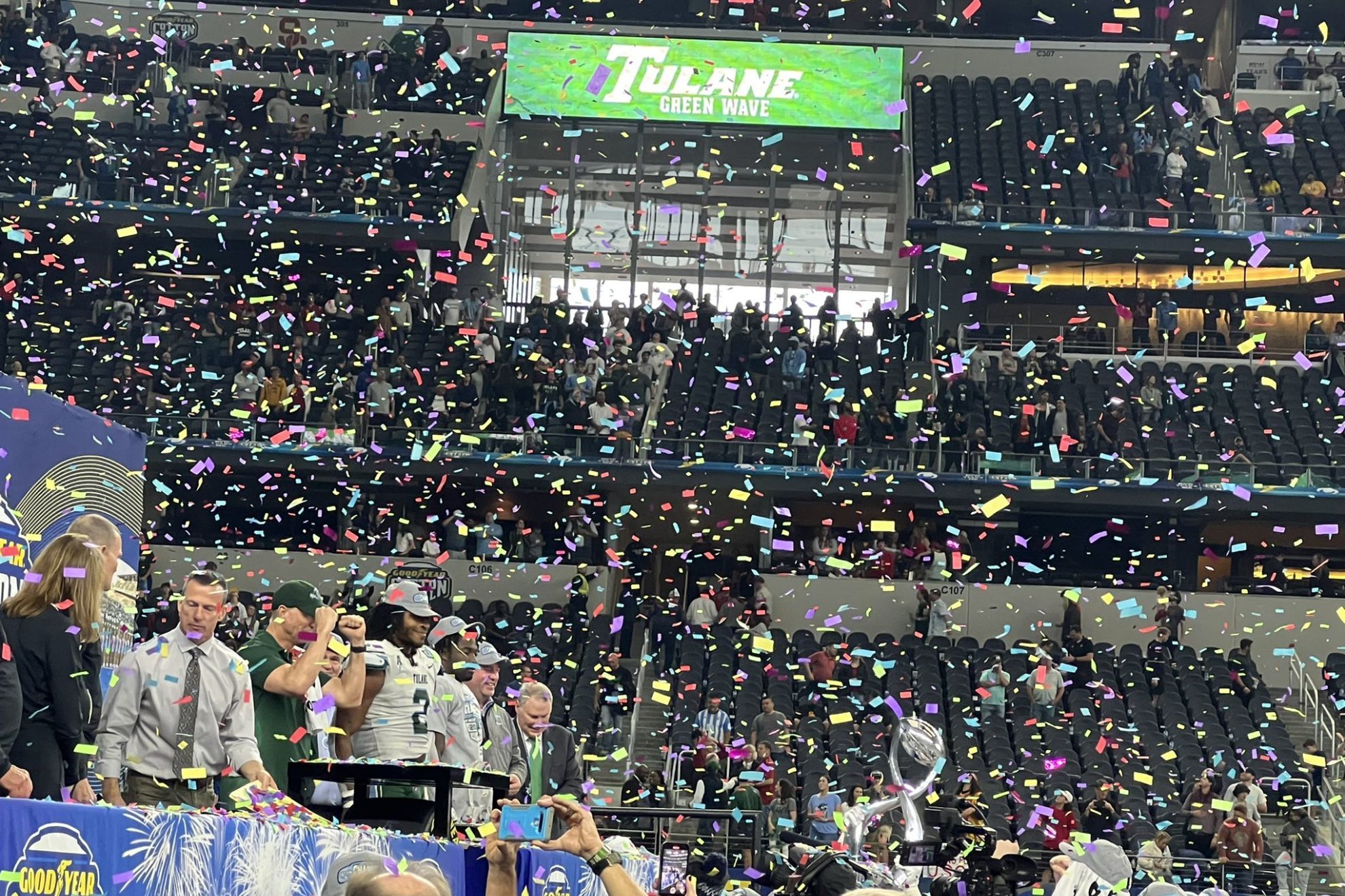 Tulane celebrates Cotton Bowl victory at AT&T Stadium in Dallas.