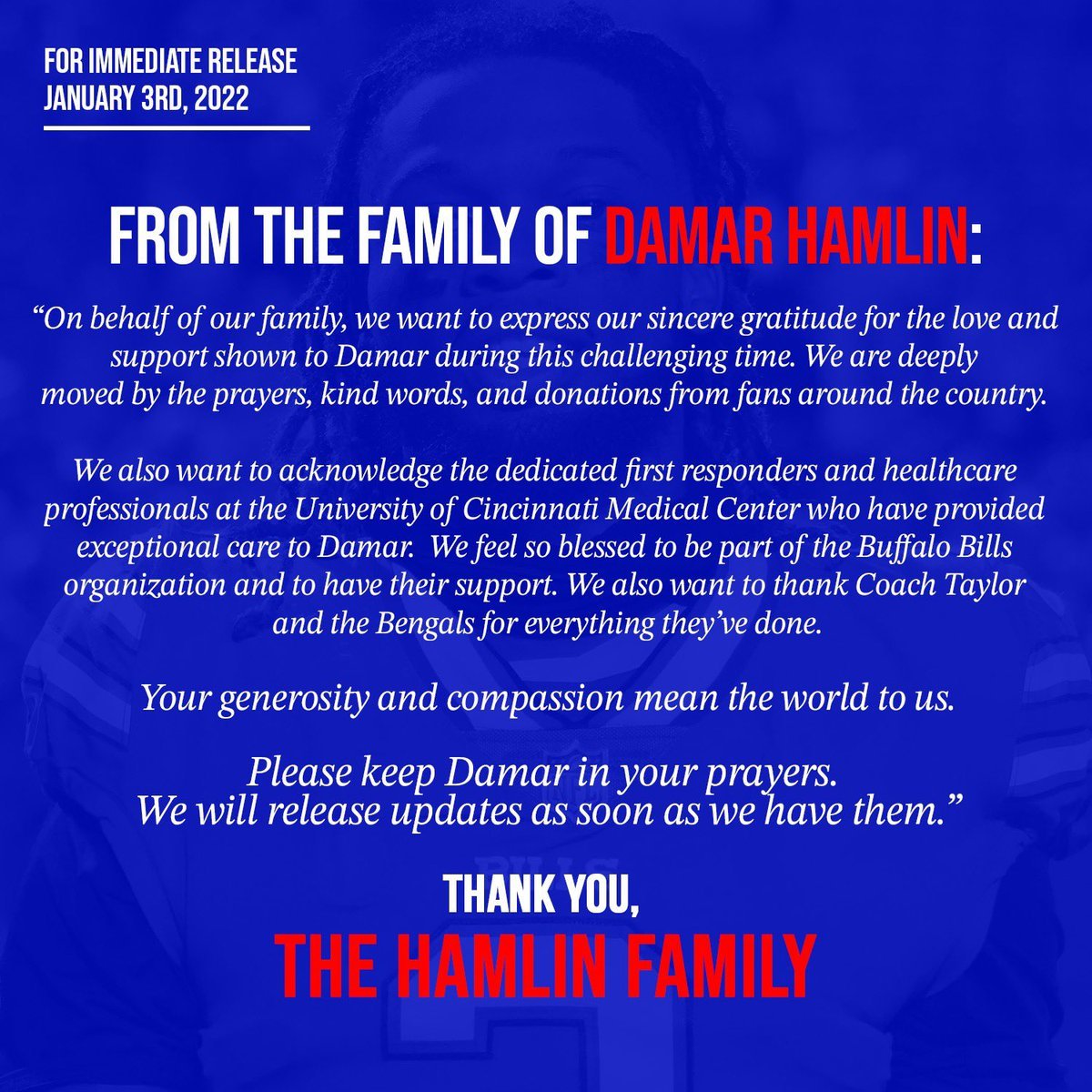 Damar Hamlin's family thanks first responders, asks fans to keep