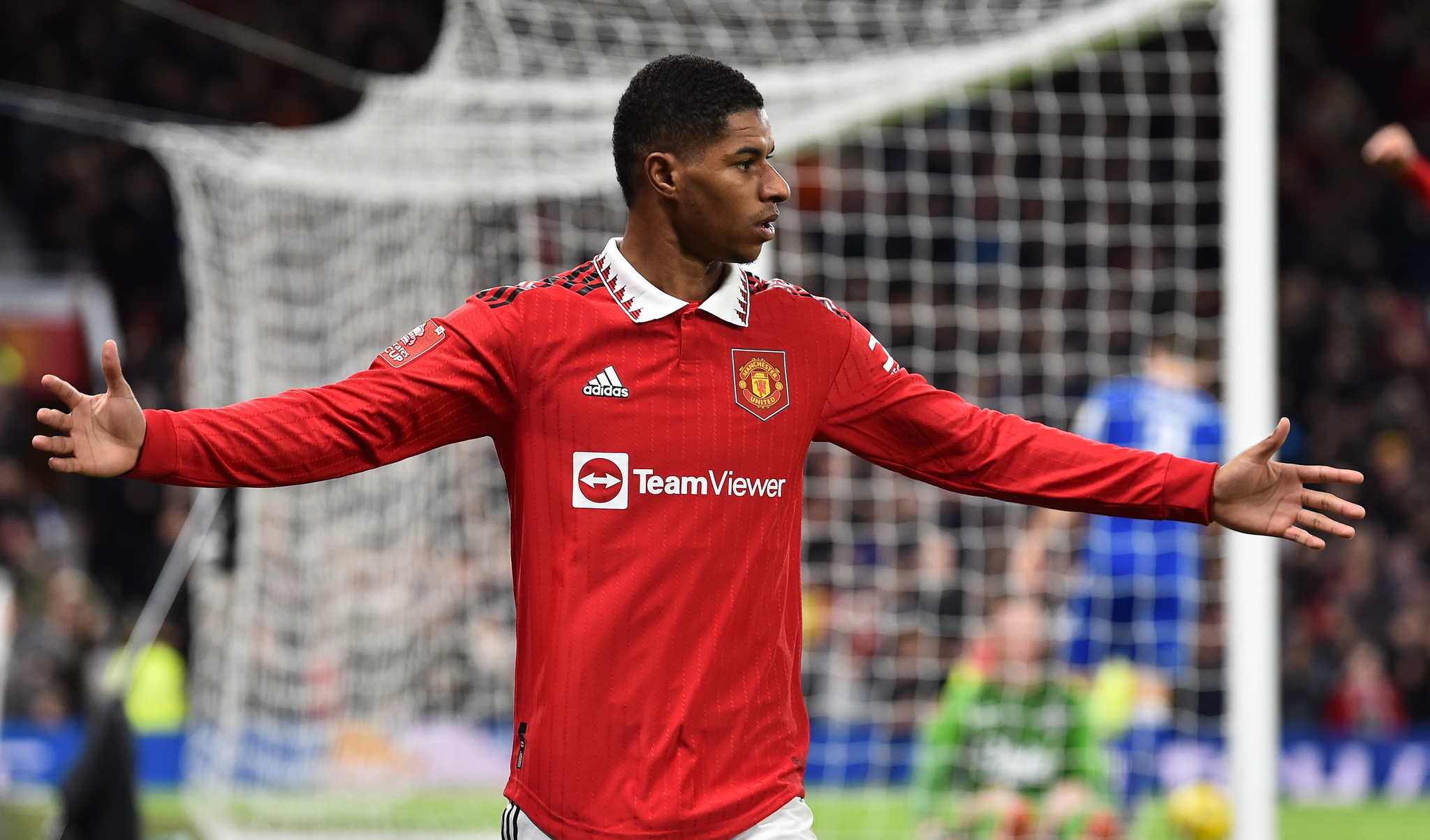 Manchester United's Marcus Rashford reacts after Everton's Conor Coady scored an own goal