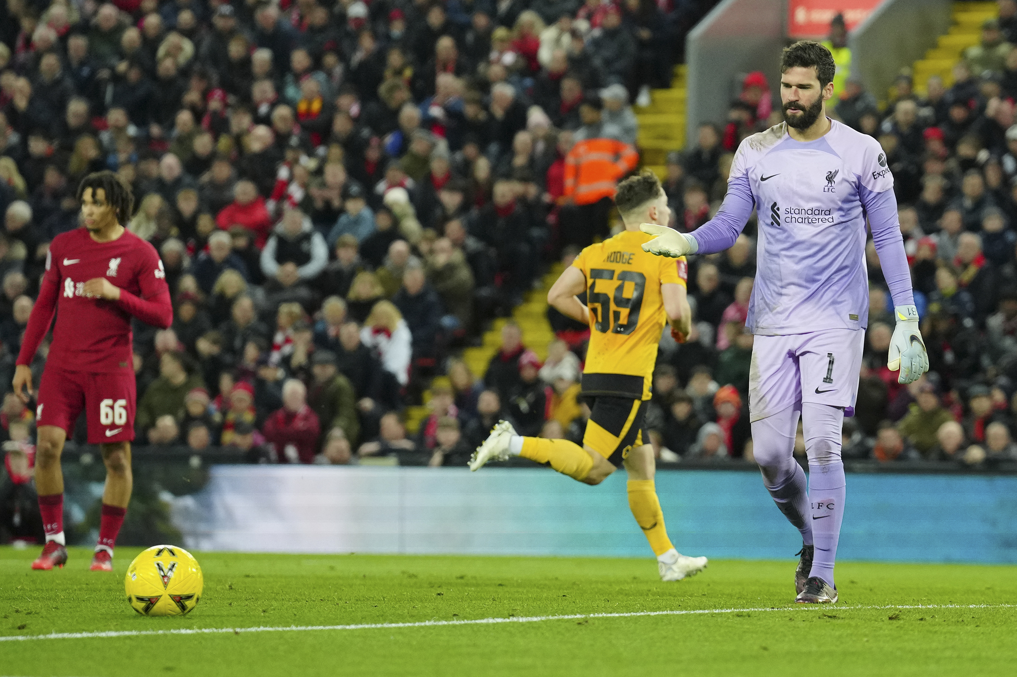 Liverpool goalkeeper Alisson after conceding the opening goal to Wolverhampton Wanderers' Goncalo Guedes