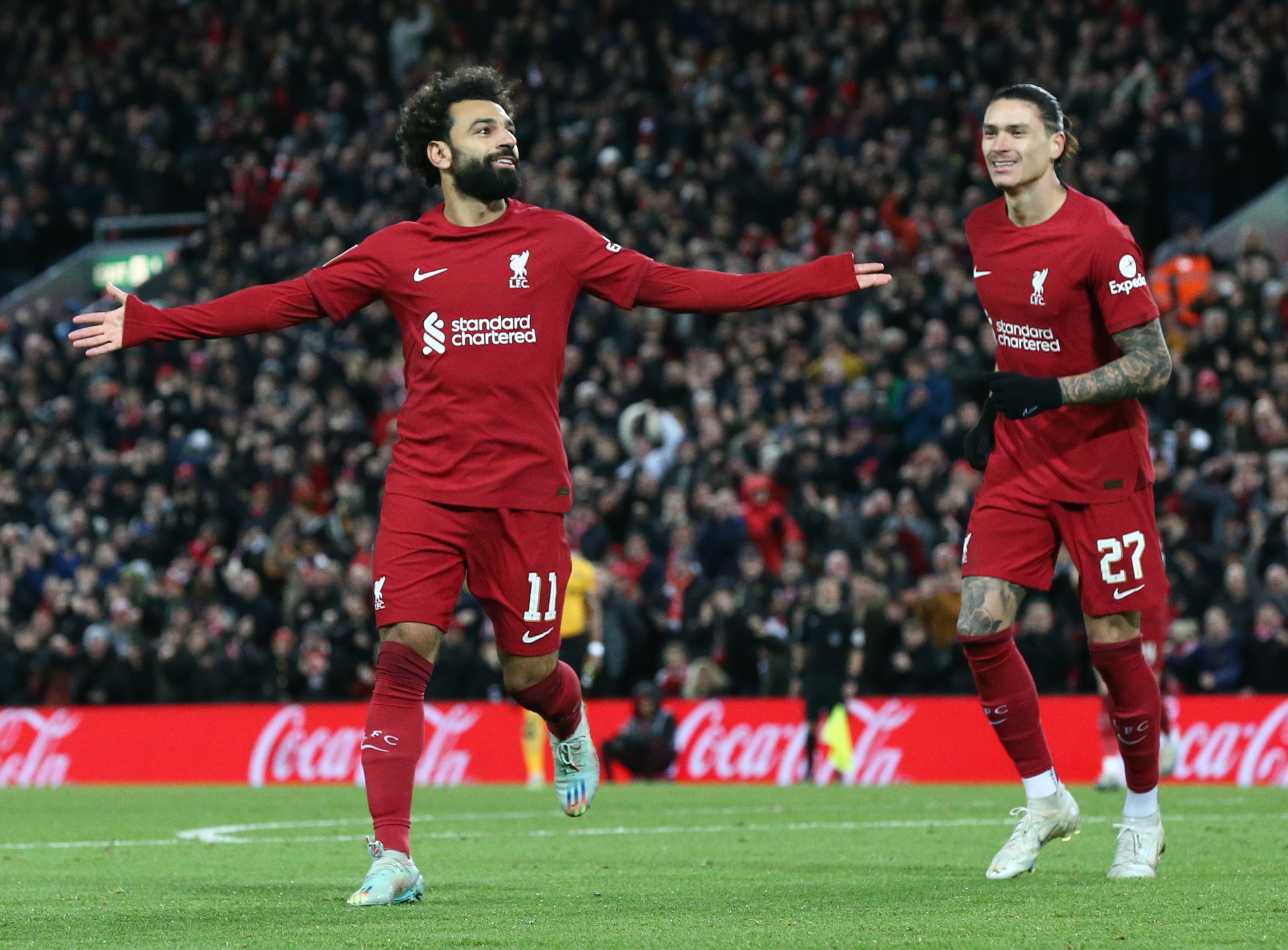Mohamed Salah celebrates scoring