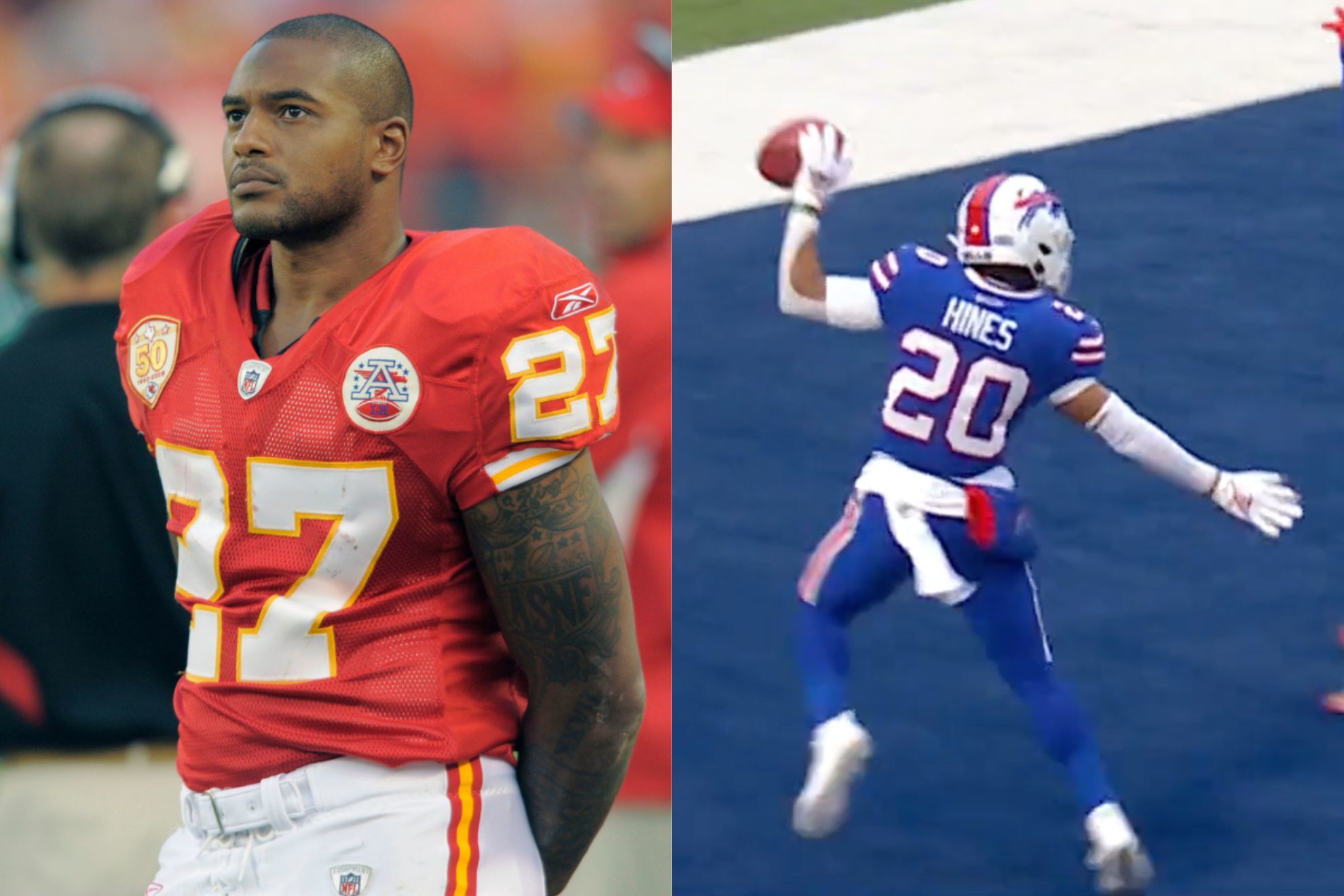 Larry Johnson (left) during his time with the Kansas City Chiefs. (Right) Nyheim Hines celebrates one of his 2 TDSs from Week 18.