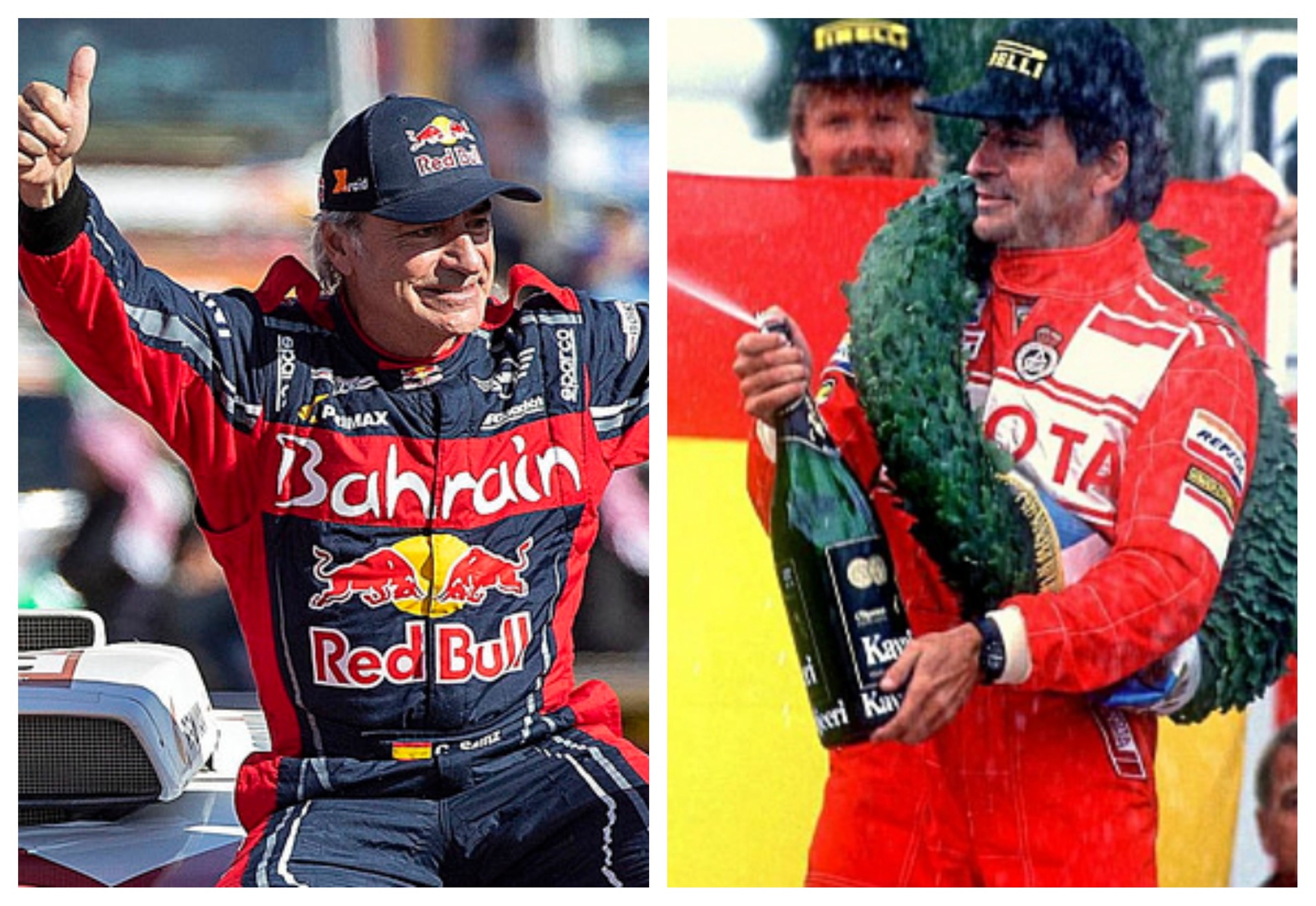 Sainz celebrando la victoria en el Dakar 2020 y la del Rally Finlandia en 1990