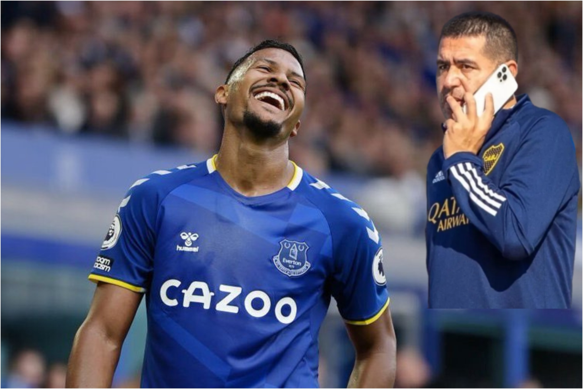 Rondón sonríe en un partido del Everton y, en la otra foto, Riquelme habla por teléfono.