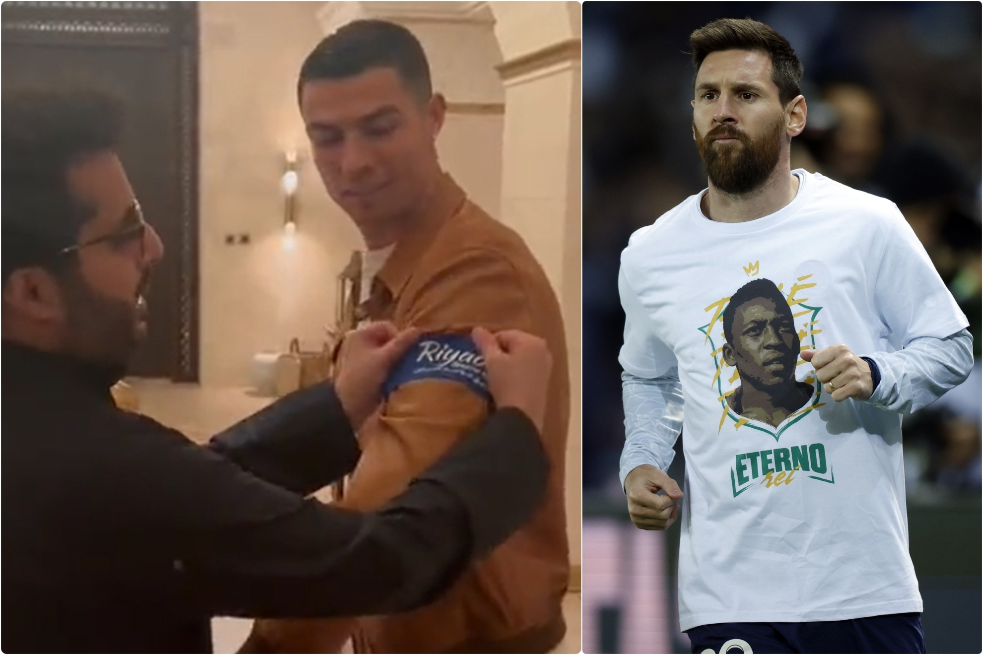 Cristiano, recibiendo el brazalete que lucirá en el partido ante el PSG; y Messi, calentando con la camiseta homenaje a Pelé este pasado fin de semana.