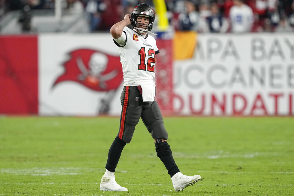 Tampa Bay Buccaneers quarterback Tom Brady (12) leaves the field during the second half of an NFL wild-card football game between the Tampa Bay Buccaneers and the Dallas Cowboys, Monday, Jan. 16, 2023, in Tampa, Fla. The Dallas Cowboys won 31-14.