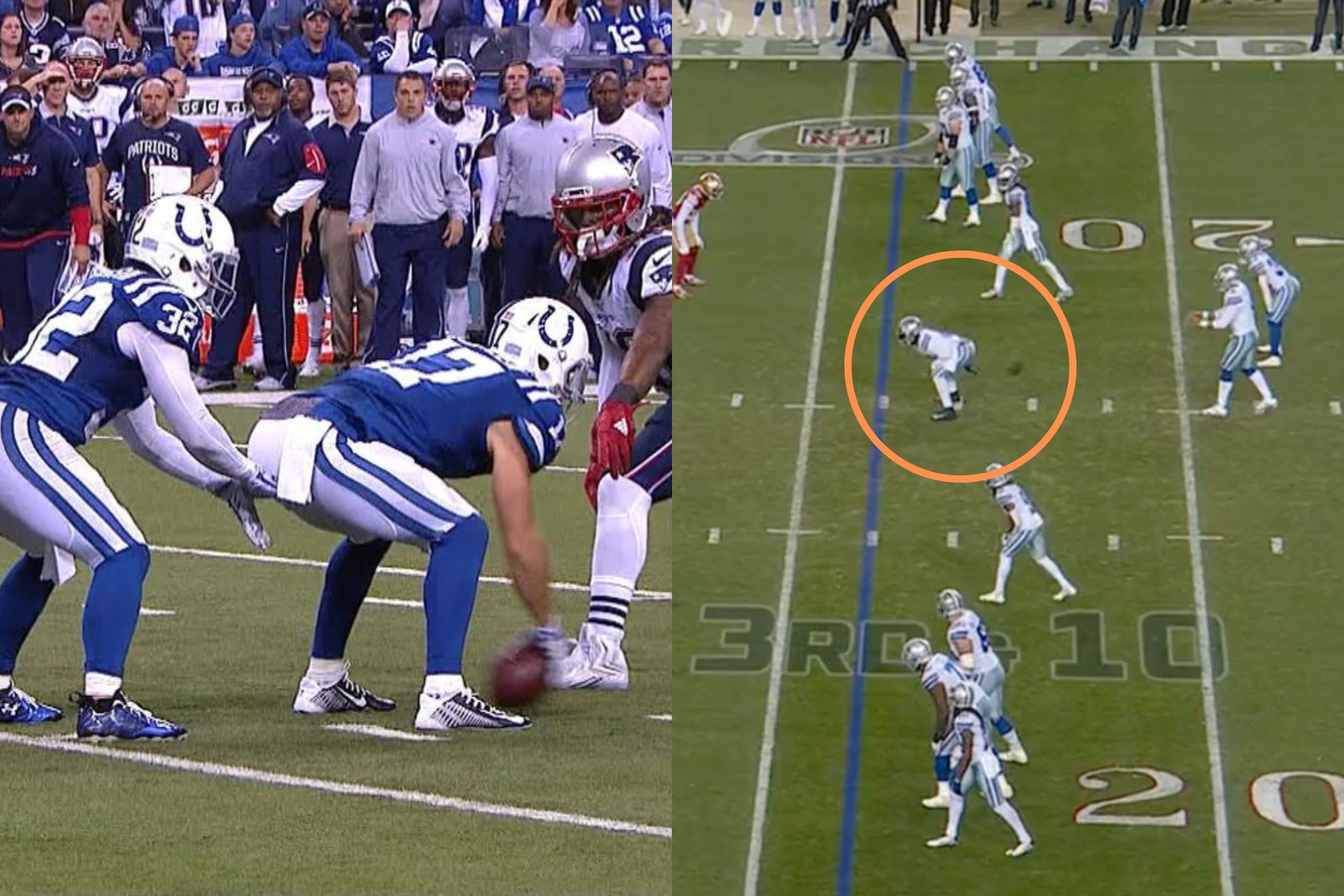(Left) The play known as the 'Colts Catastrophe'. (Right) Zeke Elliott snaps the ball to Dak Prescott in the final play vs the 49ers.