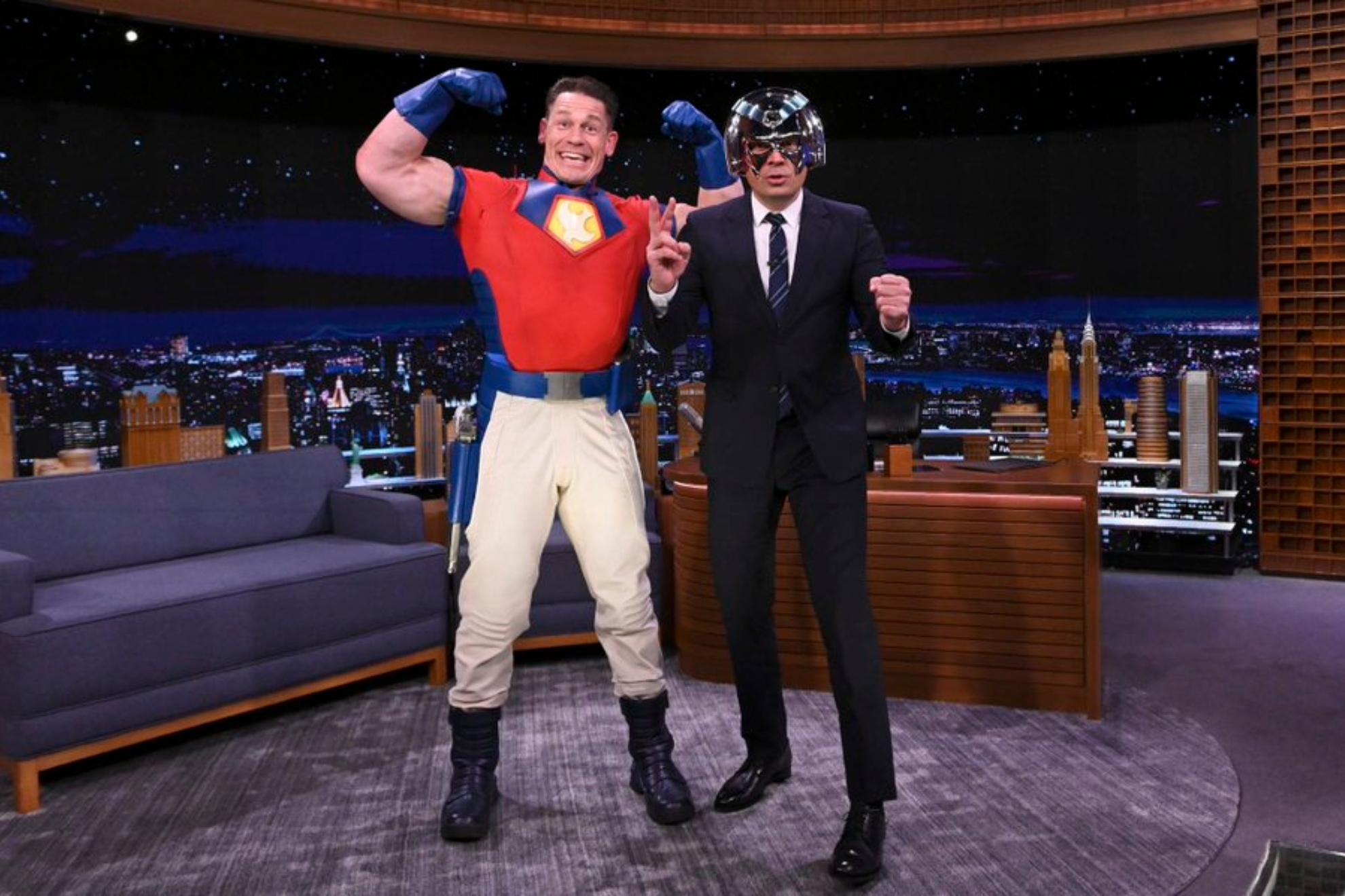 John Cena dressed as Peacemaker visits Jimmy Fallon's Tonight Show.