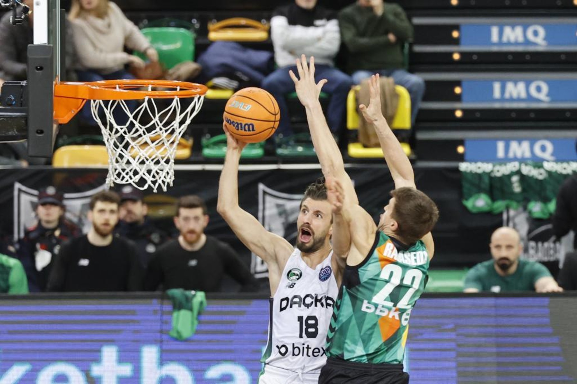 El alero del Bilbao Basket Xavi Rabaseda intenta taponar al base del Darussafaka Dogus Ozdemiroglu.