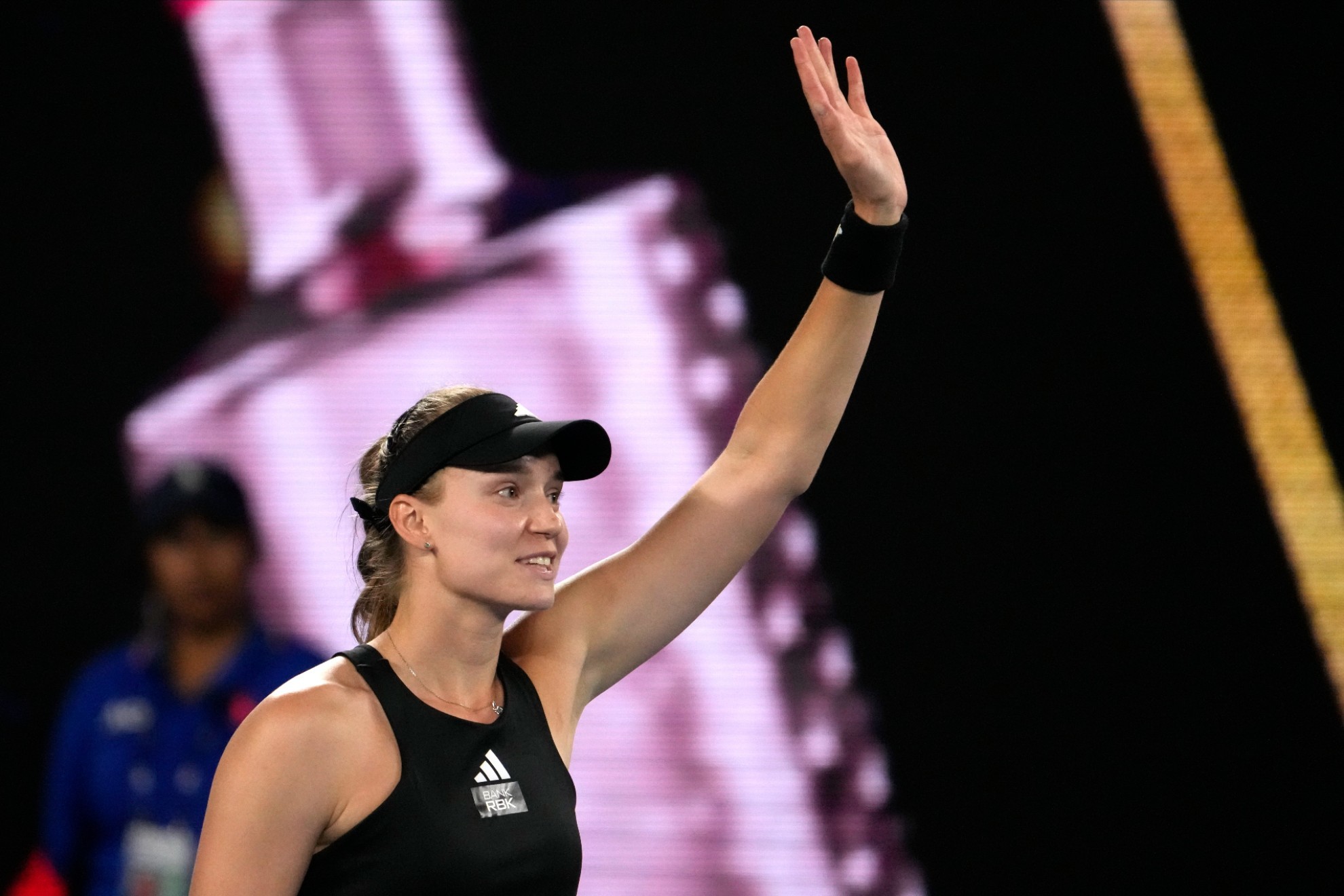 Elena Rybakina of Kazakhstan waves after defeating Victoria Azarenka in their semifinal match at the Australian Open