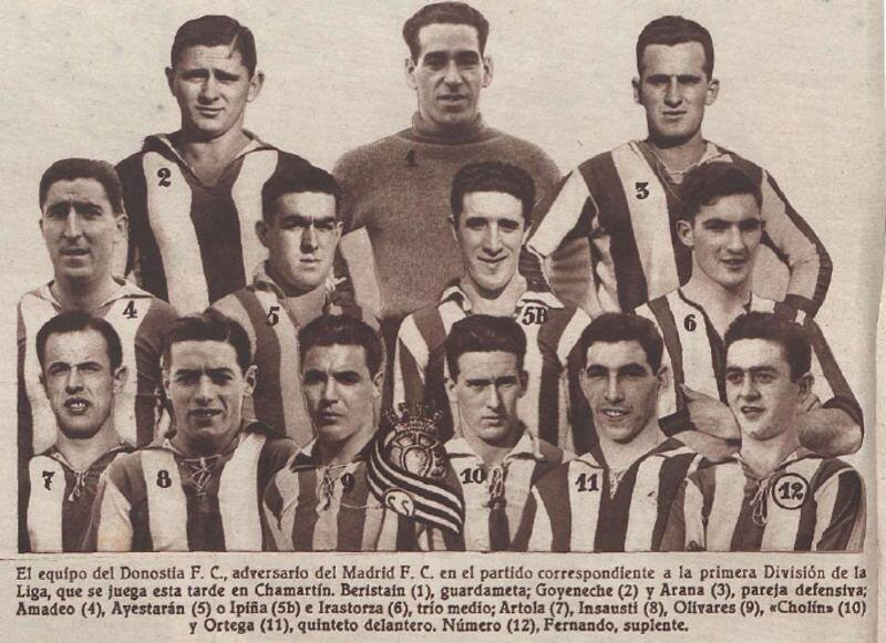 El equipo de la Real Sociedad que viajó a Madrid para jugar el sábado 18 de noviembre de 1933.