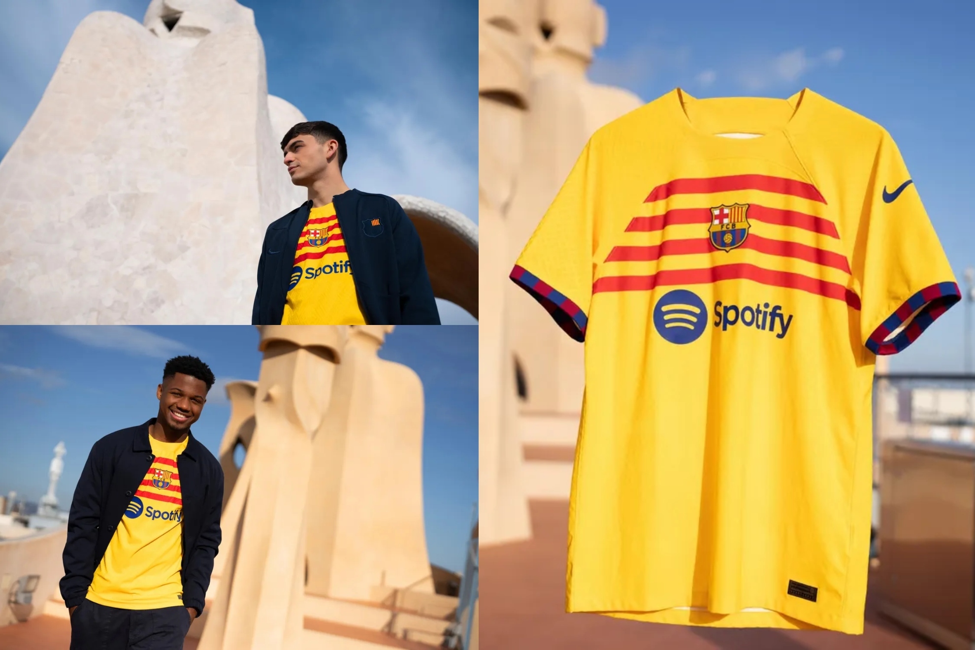 El FC Barcelona presenta su nueva equipacin para esta temporada bajo el lema '+ Catalunya + Bara'. Una camiseta que rinde homenaje a las races del Club, con la senyera en el pecho como protagonista, inspirada en el brazalete de capitn. La estrenar ante el Girona este fin de semana. Foto: FC BARCELONA