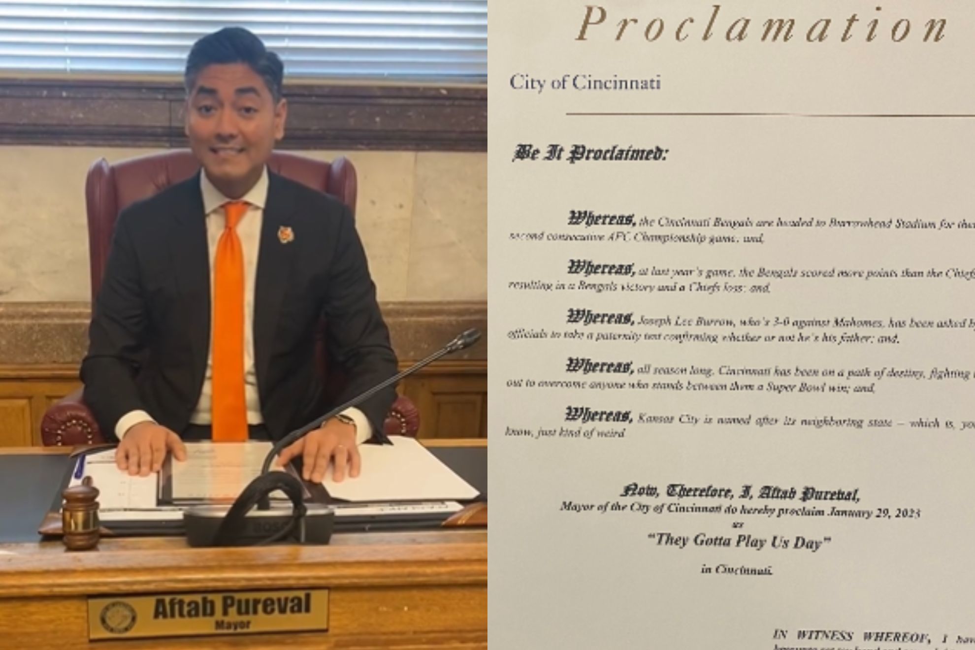 Cincinnati mayor Aftab Pureval trolls Chiefs with official proclamation