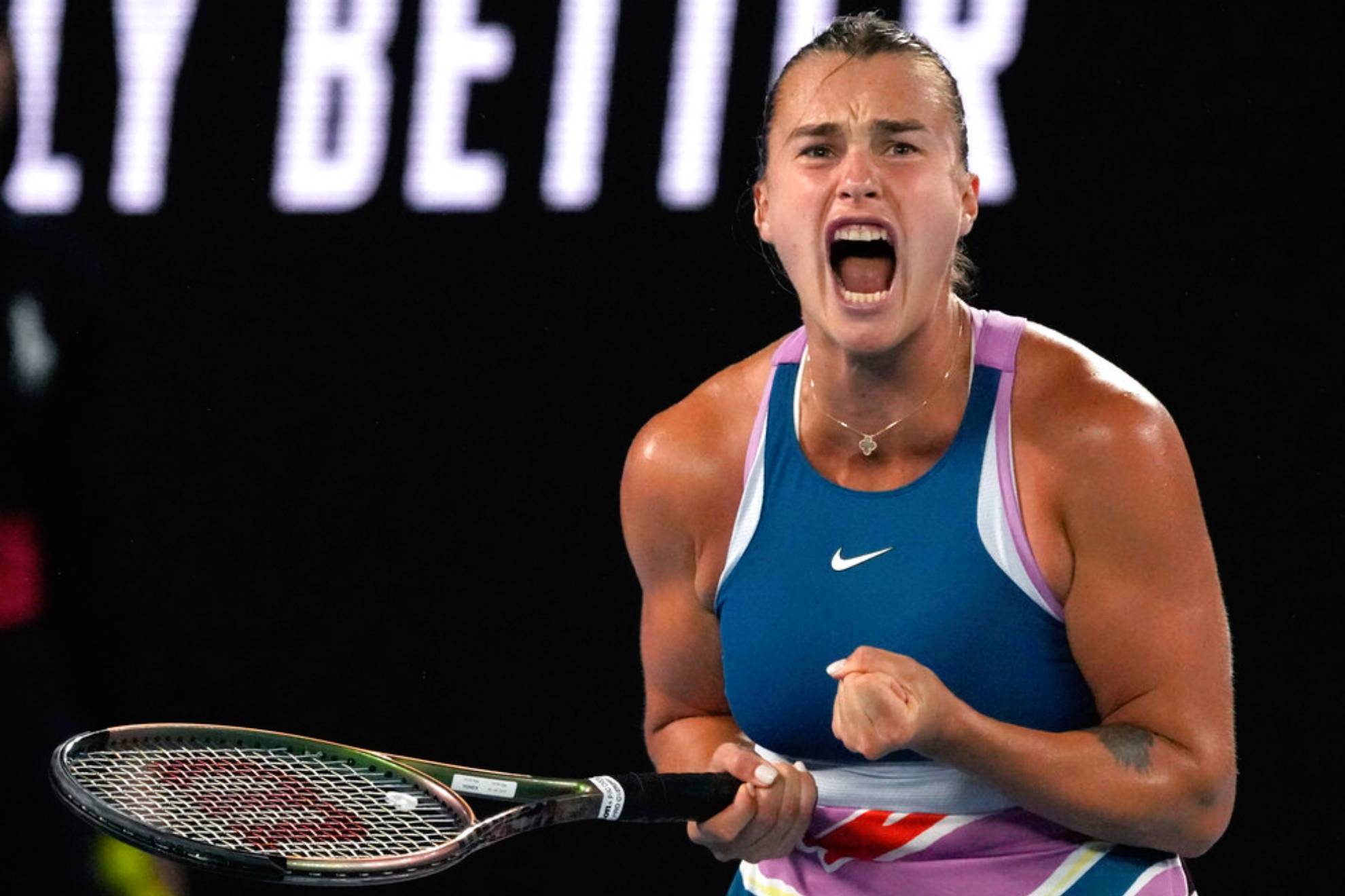 Aryna Sabalenka of Belarus reacts after winning a point against Elena Rybakina of Kazakhstan in the womens singles final at the Australian Open tennis championship in Melbourne, Australia
