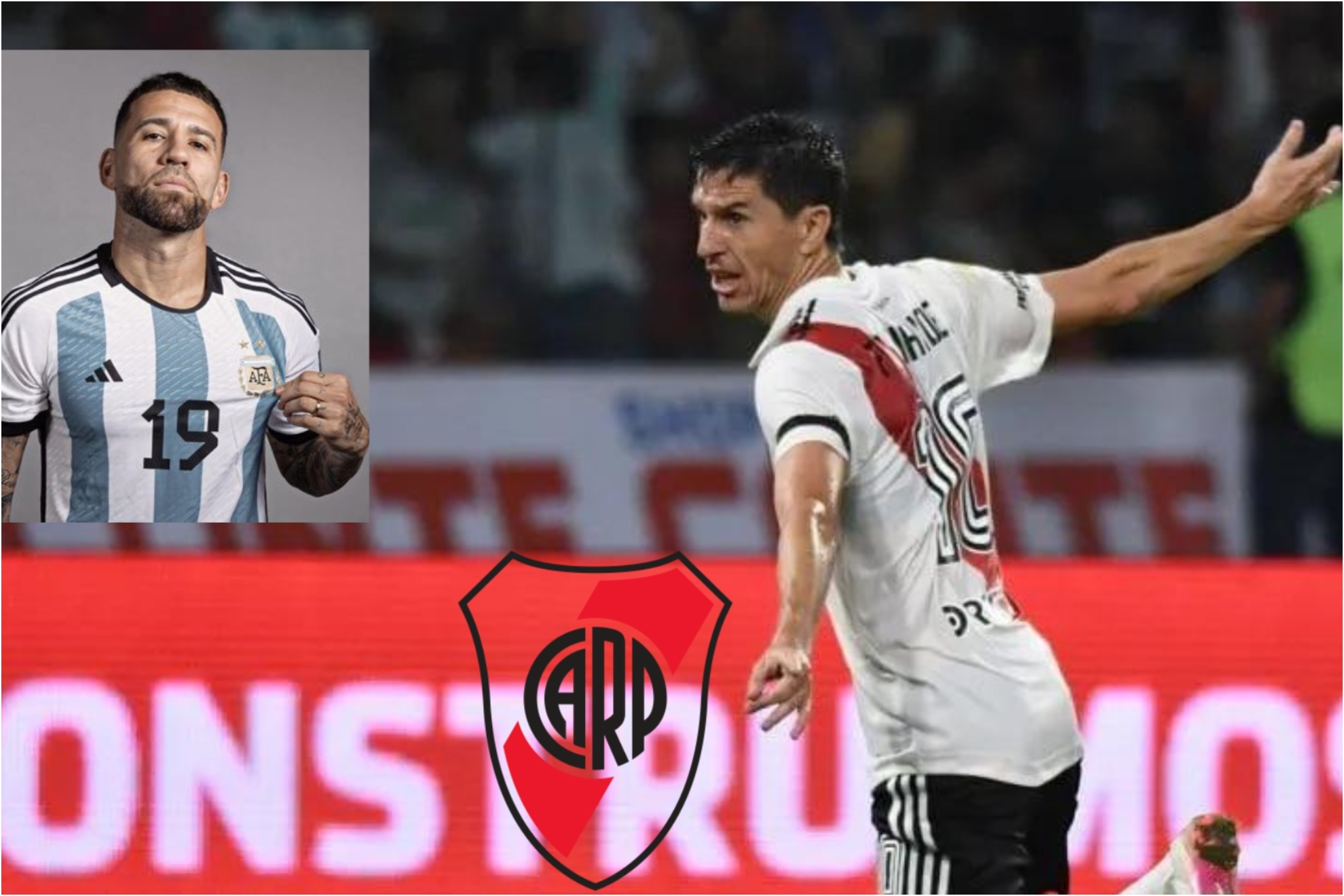 'Nacho' Fernández festeja su gol en Santiago, en un montaje con la foto de Otamendi y el escudo de River.