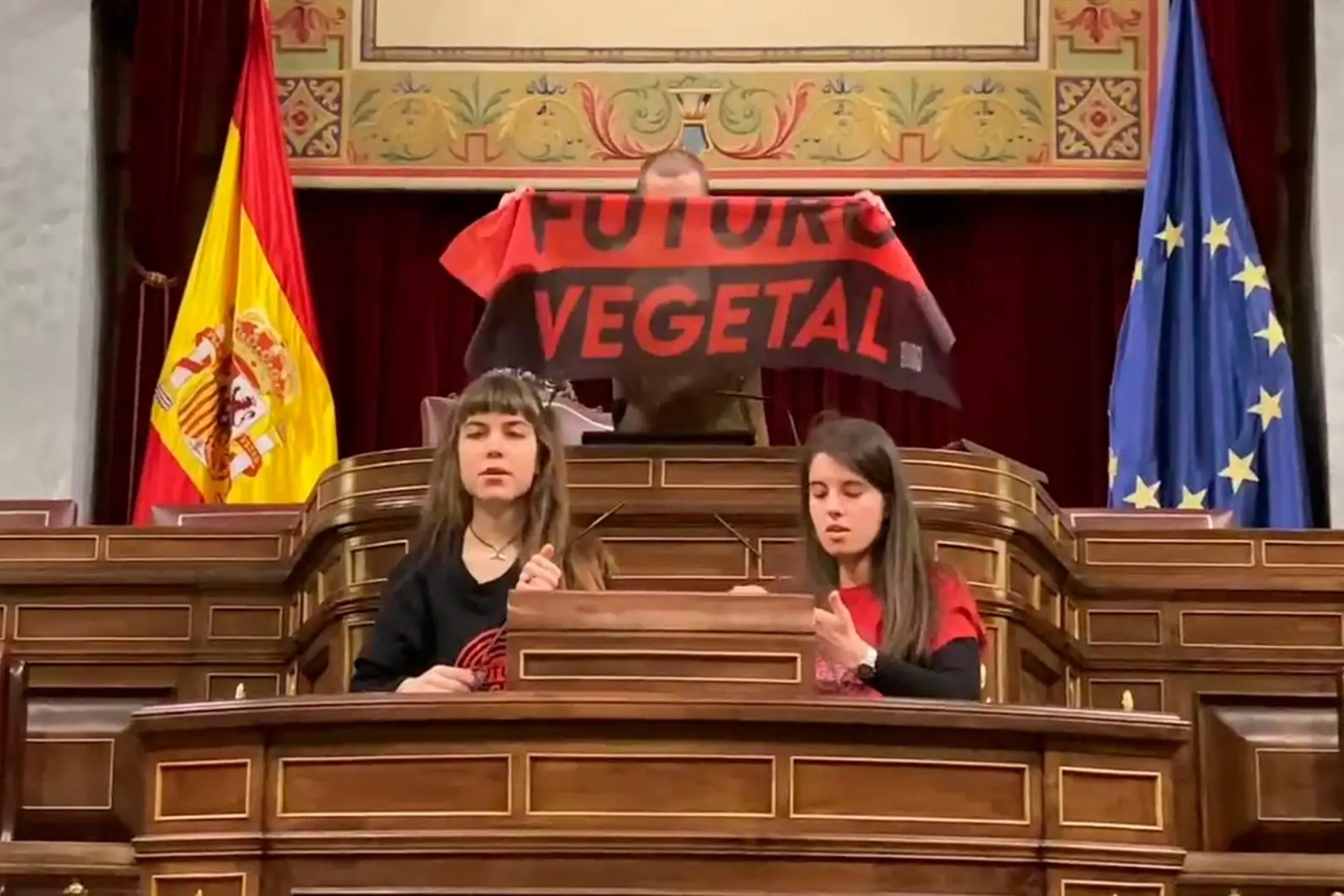 Dos activistas de 'Futuro Vegetal' la lían en el Congreso de los Diputados: pegan sus manos a los micrófonos del hemiciclo