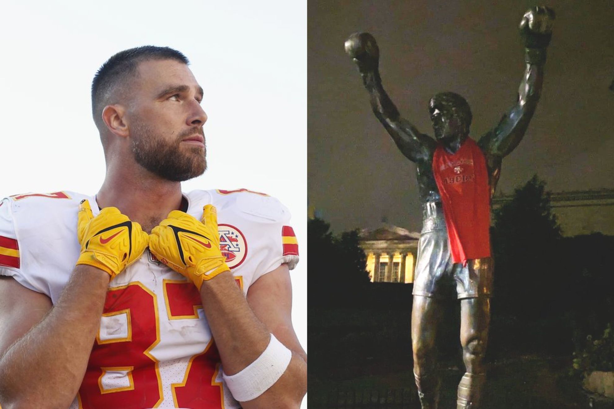 Travis Kelce warns Chiefs fans ahead of Super Bowl: "Do not touch the f***ing Rocky Memorial"