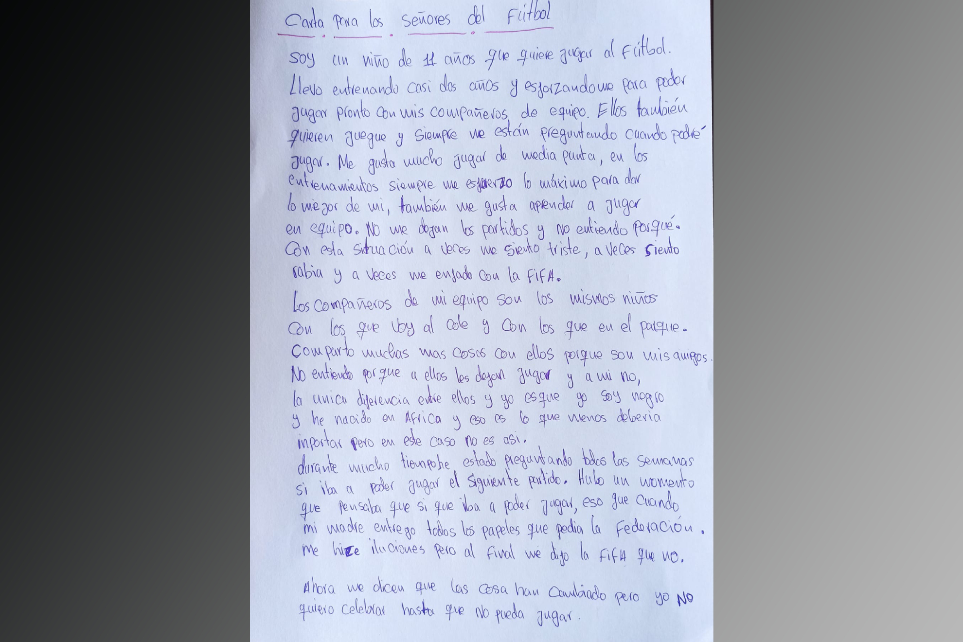 La triste carta de Souleymane: "Señores del fútbol, soy un niño de 11 años que quiere jugar"
