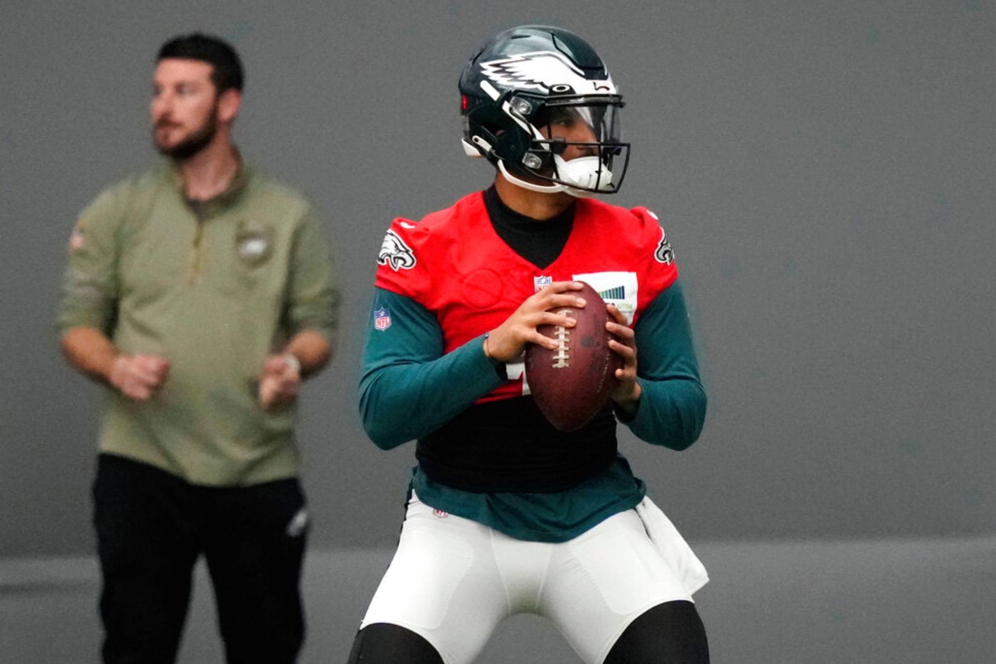Philadelphia Eagles' Jalen Hurts runs a drill during practice at the NFL football team's training facility