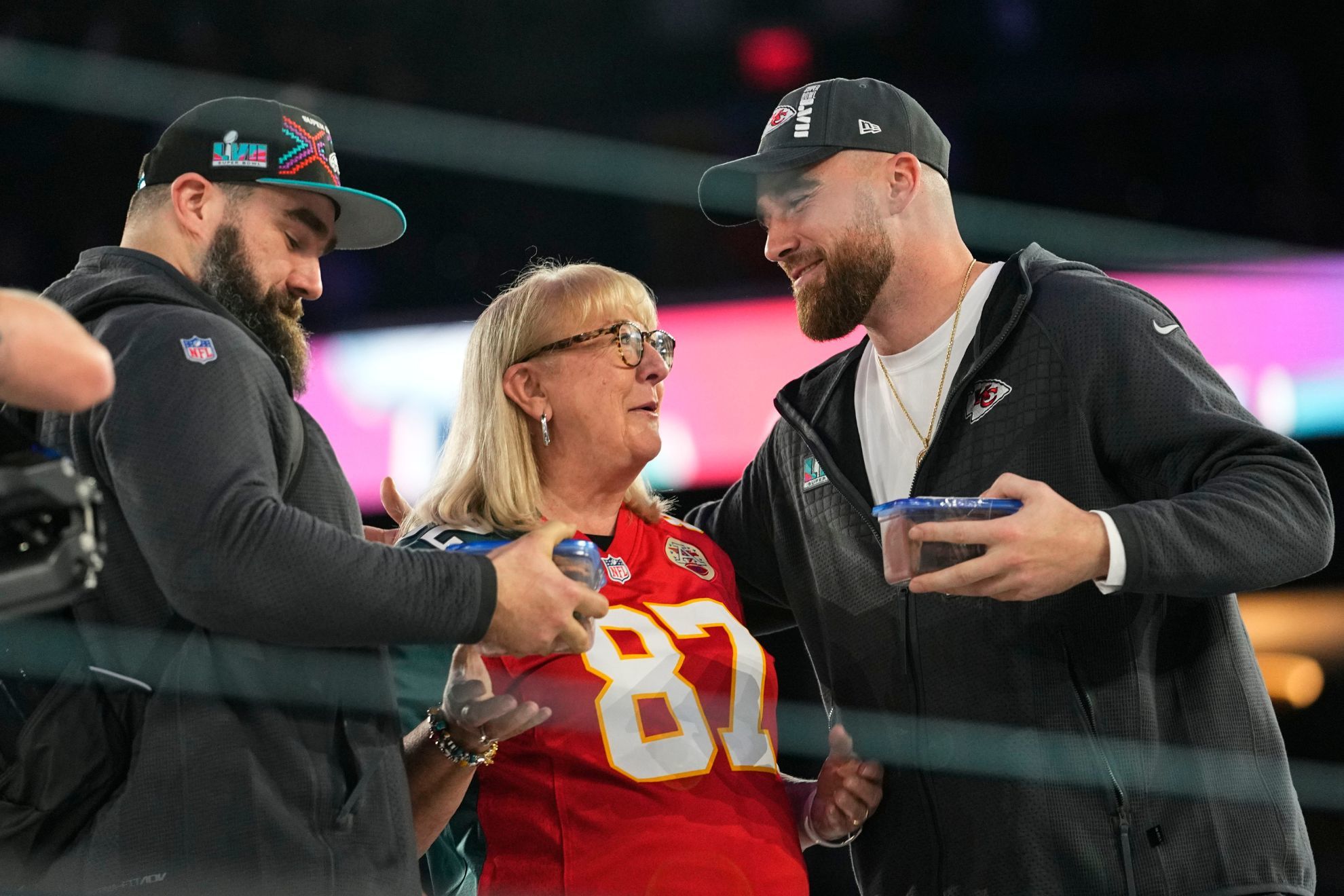 Kelce Brothers surprised by mom onstage