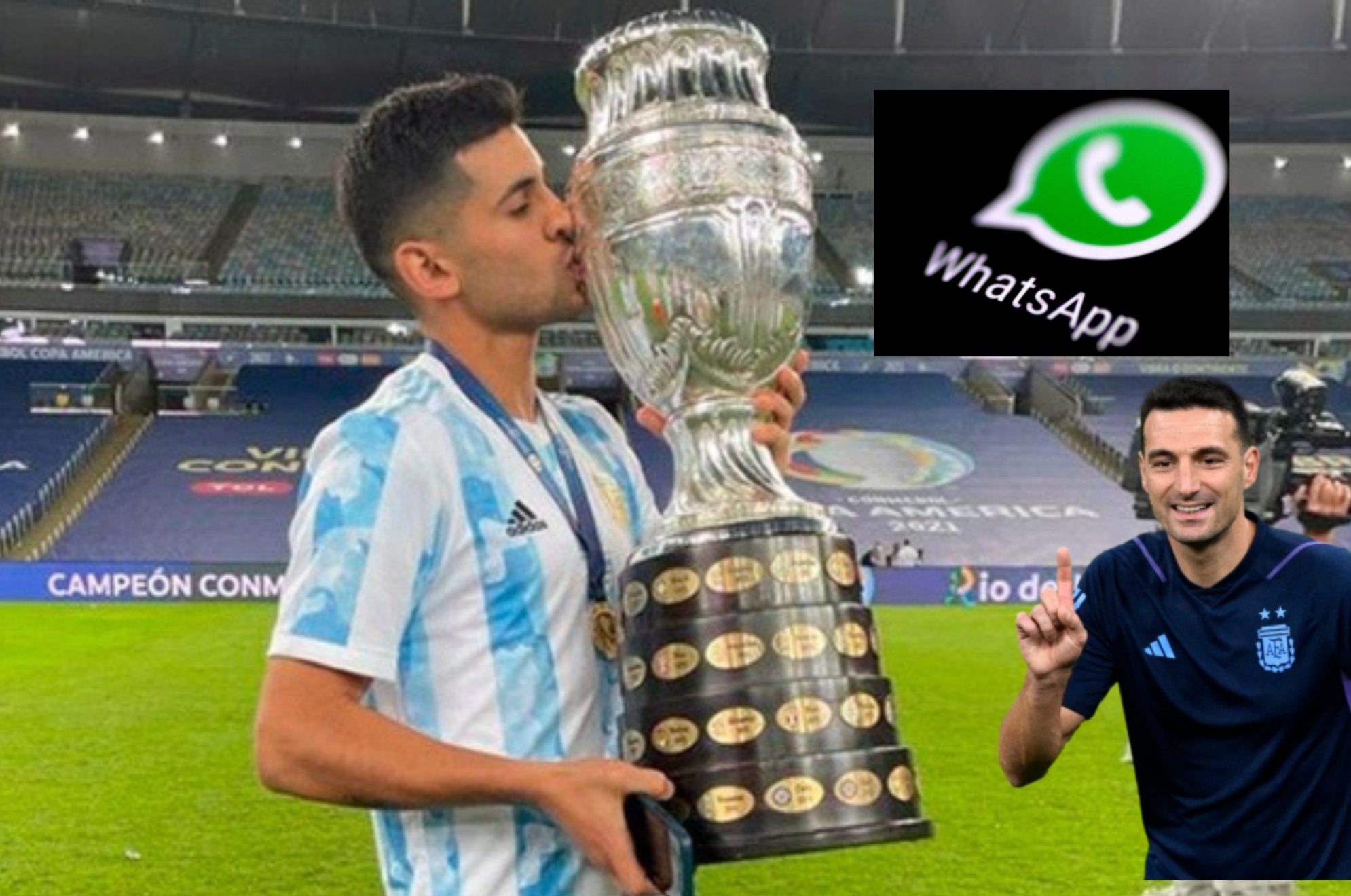 Romero besa la Copa en un montaje con Scaloni y el logo de Whatsapp.