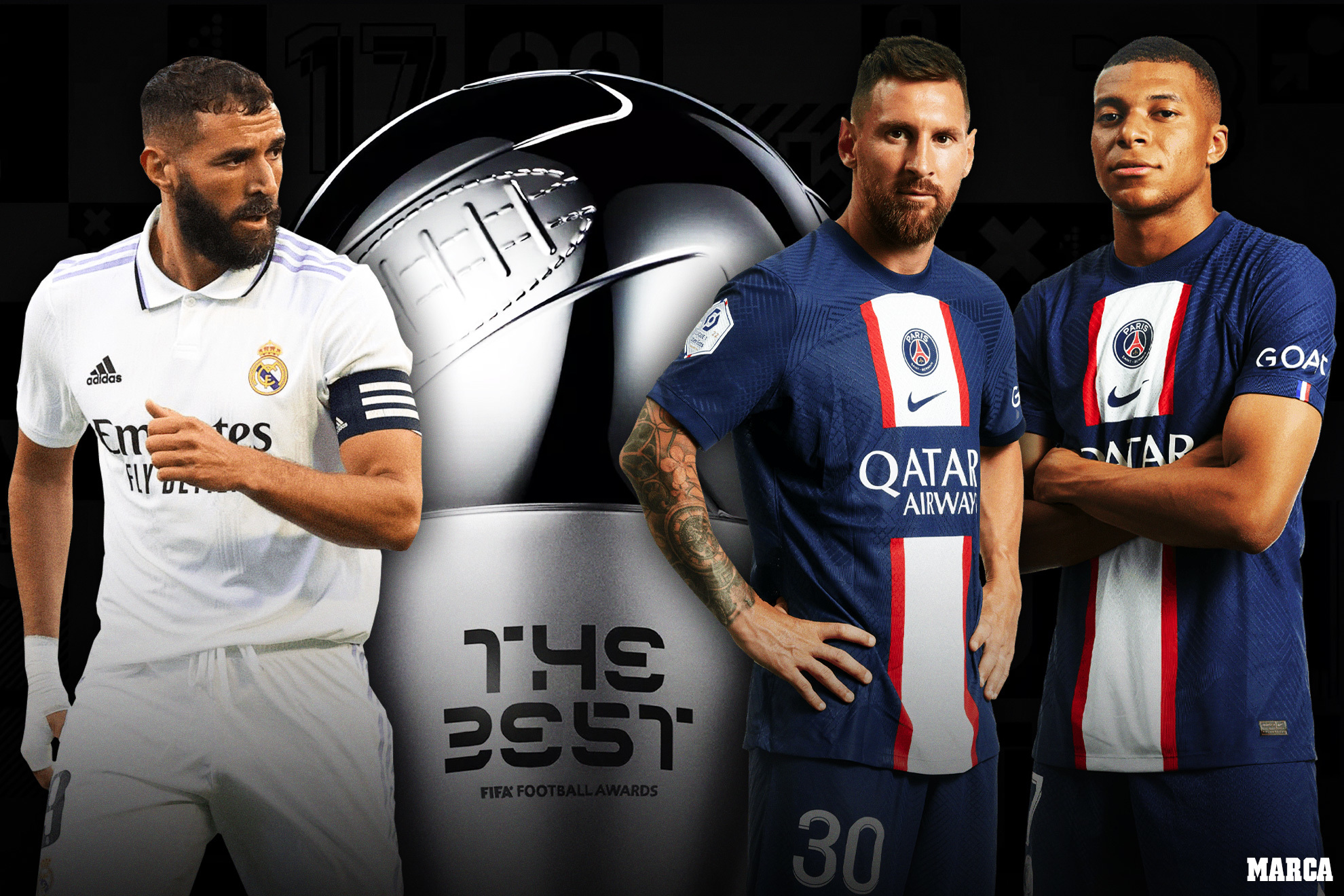 Benzema, Messi y Mbappé, finalistas al Premio The Best 2022