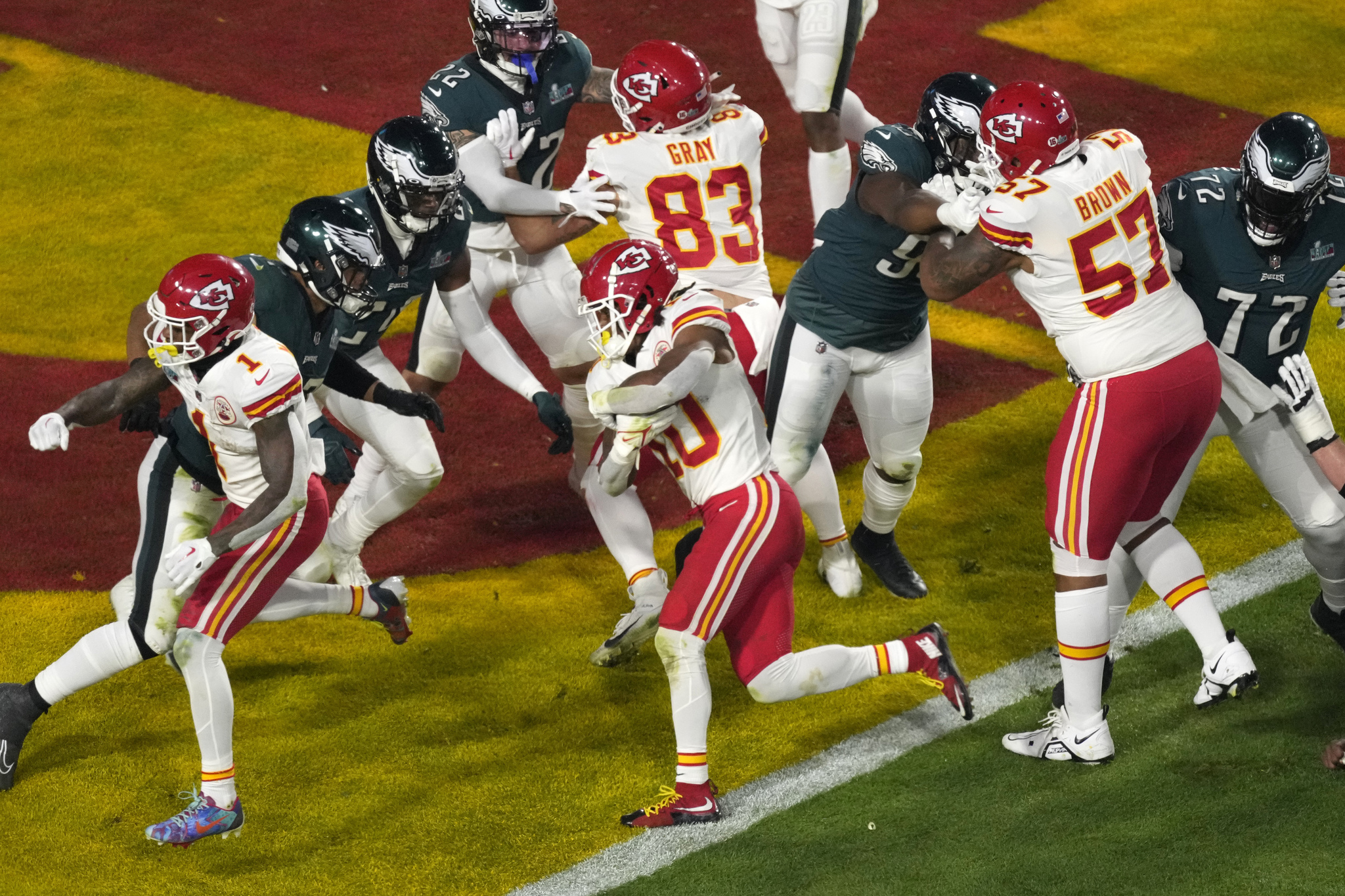 Kansas City Chiefs running back Isiah Pacheco (10) runs in for a touchdown against the Philadelphia Eagles during the second half of the NFL  lt;HIT gt;Super lt;/HIT gt;  lt;HIT gt;Bowl lt;/HIT gt; 57 football game, Sunday, Feb. 12, 2023, in Glendale, Ariz. (AP Photo/Charlie Riedel)