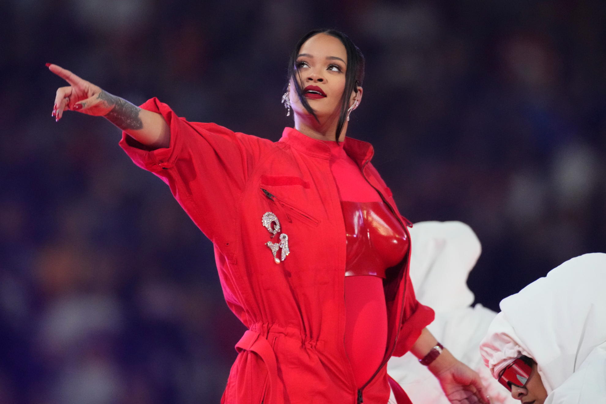 Rihanna performing at Super Bowl LVII halftime.