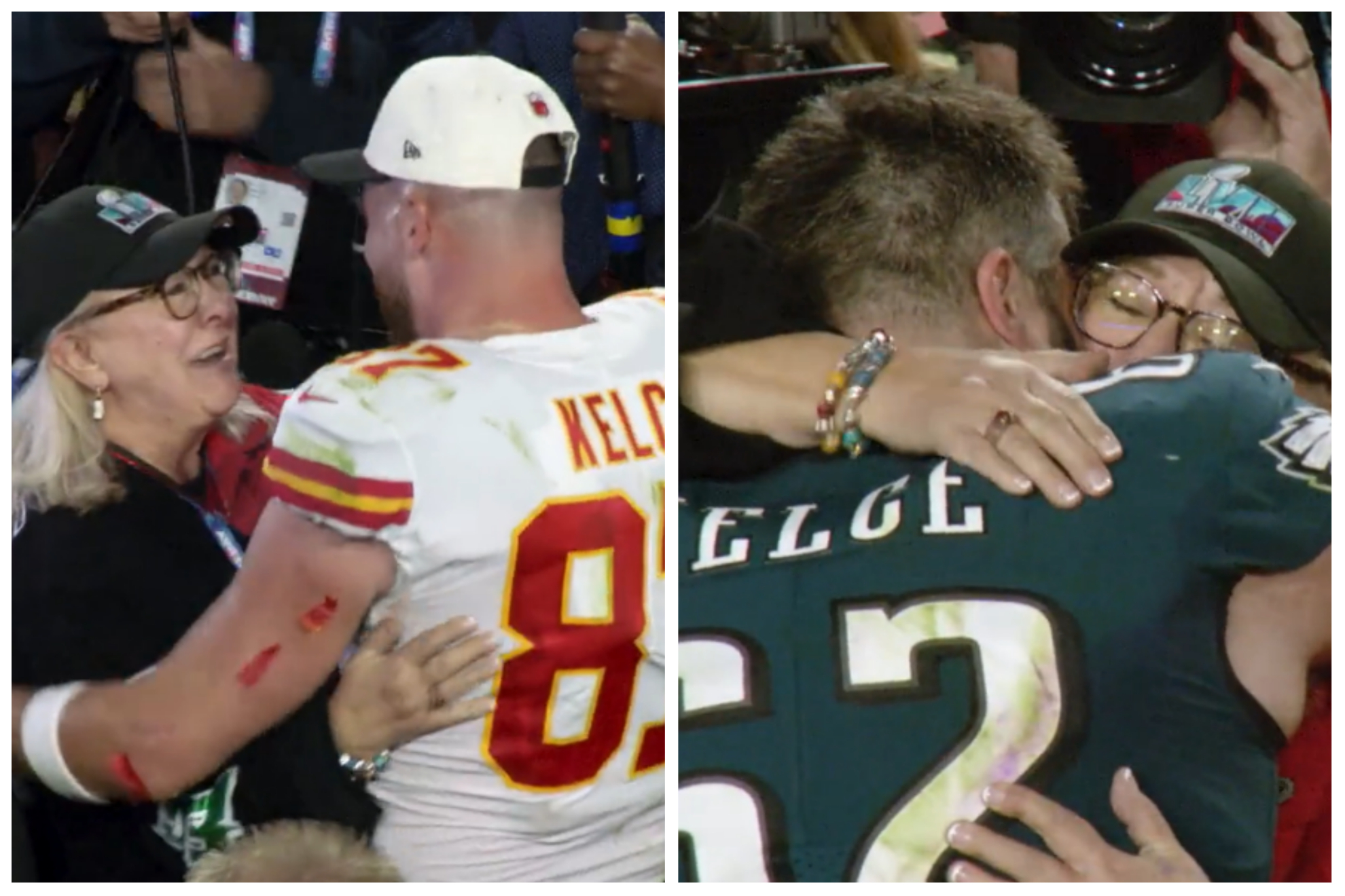 Donna Kelce congratulating Travis Kelce and consoling Jason Kelce.