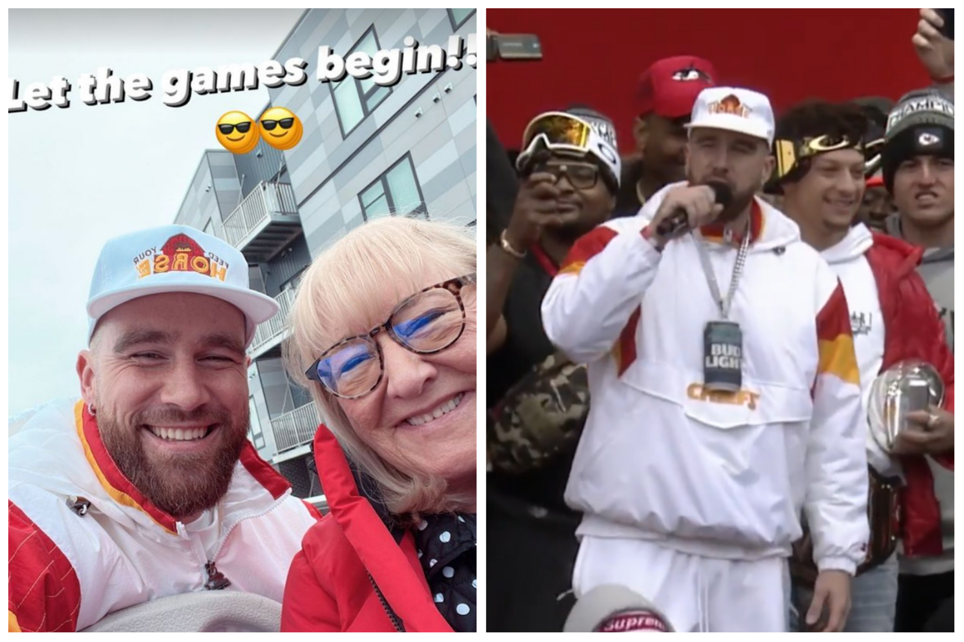 Travis Kelce was joined by his mom during the Super Bowl parade before delivering a sensational speech.