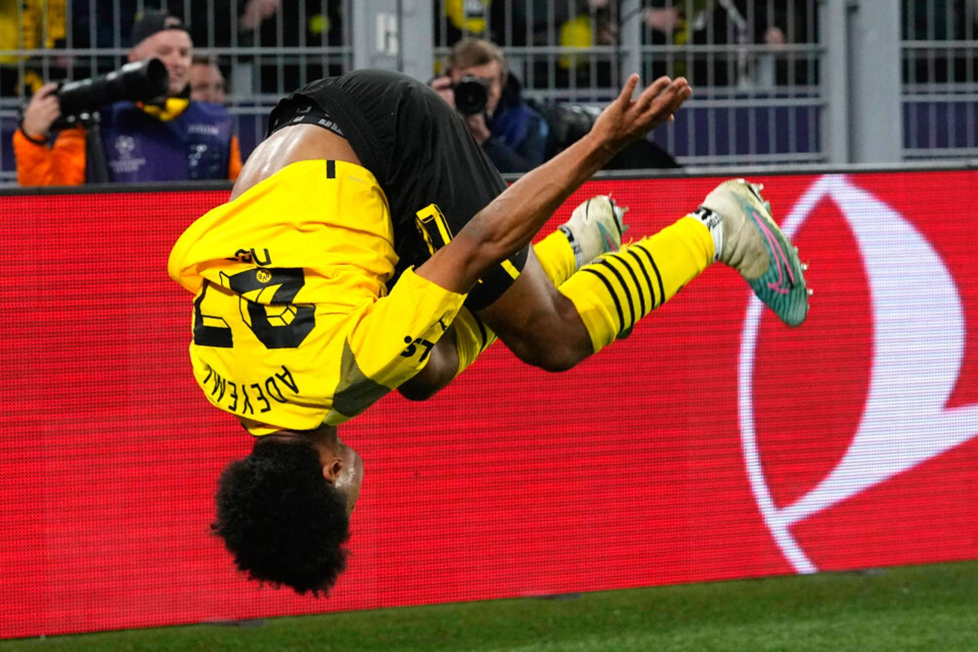 Dortmunds Karim Adeyemi celebrates after scoring his sides first goal during the Champions League