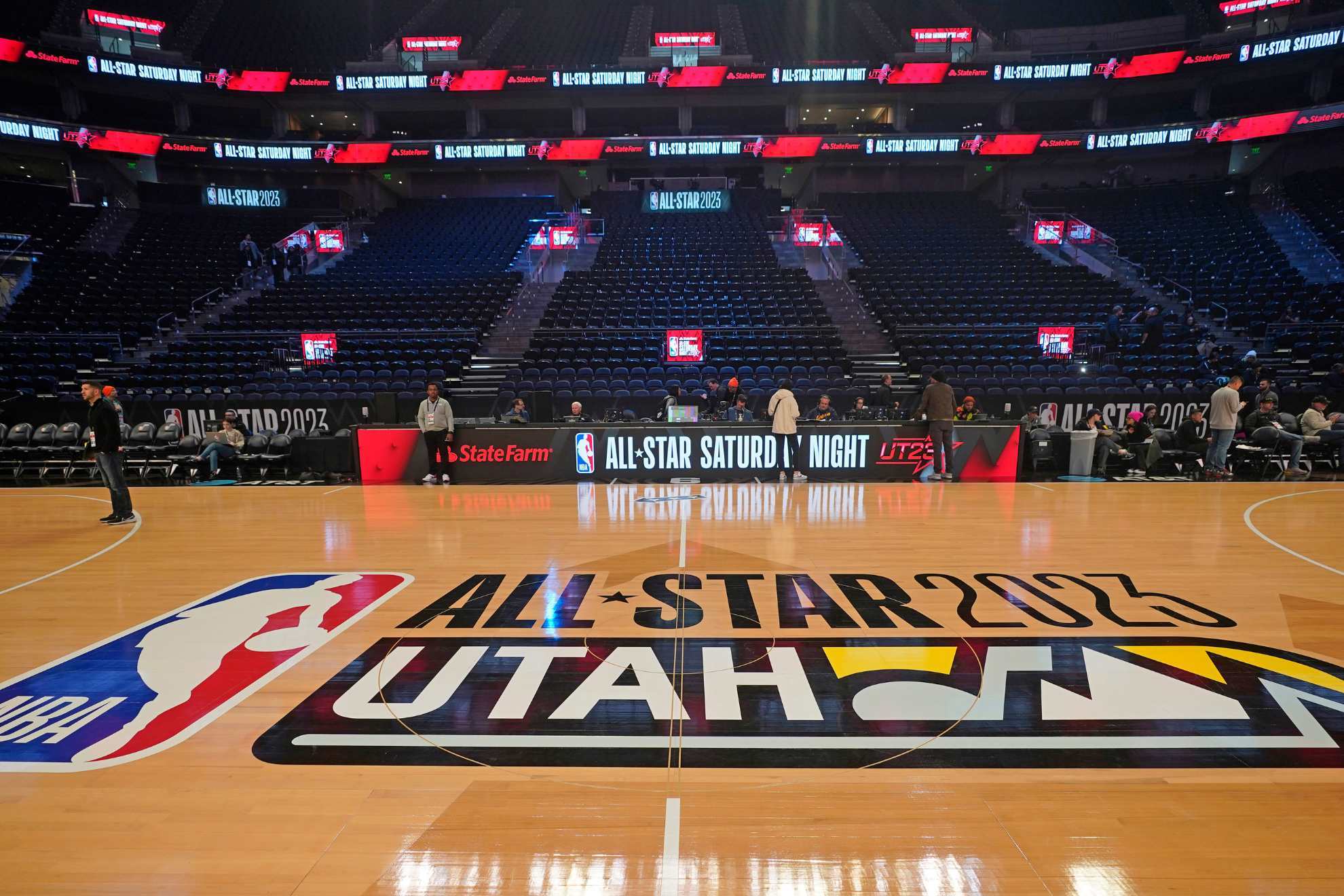 The Vivint Arena is shown during the transformation taking place inside the arena before the start of the NBA basketball All-Star weekend Wednesday, Feb. 15, 2023, in Salt Lake City.
