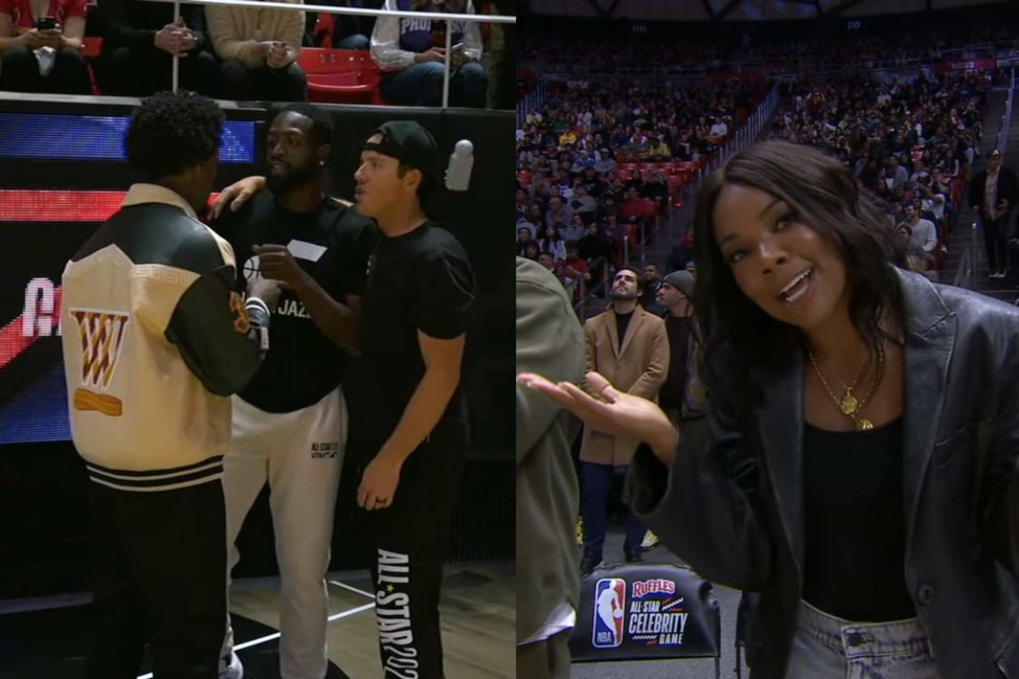 Dwayne Wade and majority Jazz owner Ryan Smith (left). Gabrielle Union reacts (right).