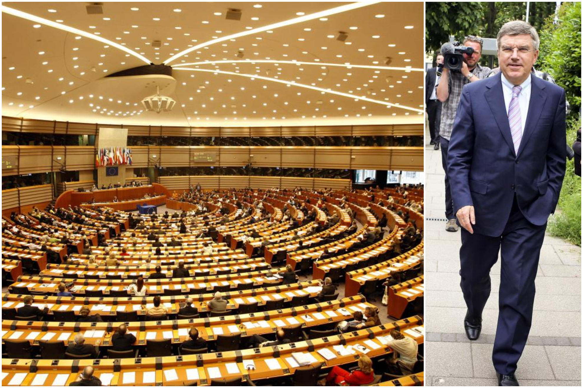 Una imagen del Parlamento Europeo y Thomas Bach.