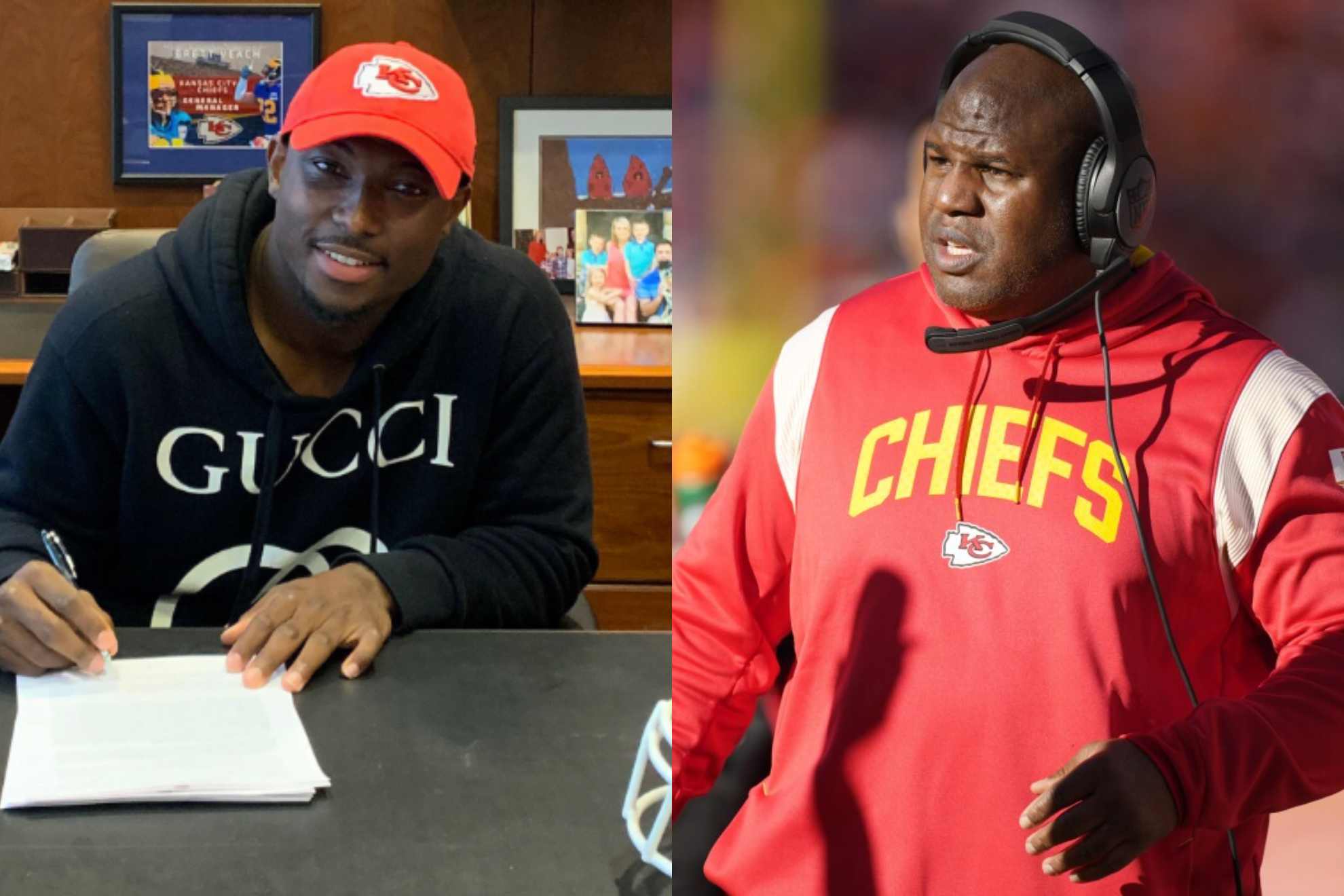 LeSean McCoy (left) signs a contract with the Kansas City Chiefs in 2019. Eric Bieniemy (right), his former offensive coordinator.