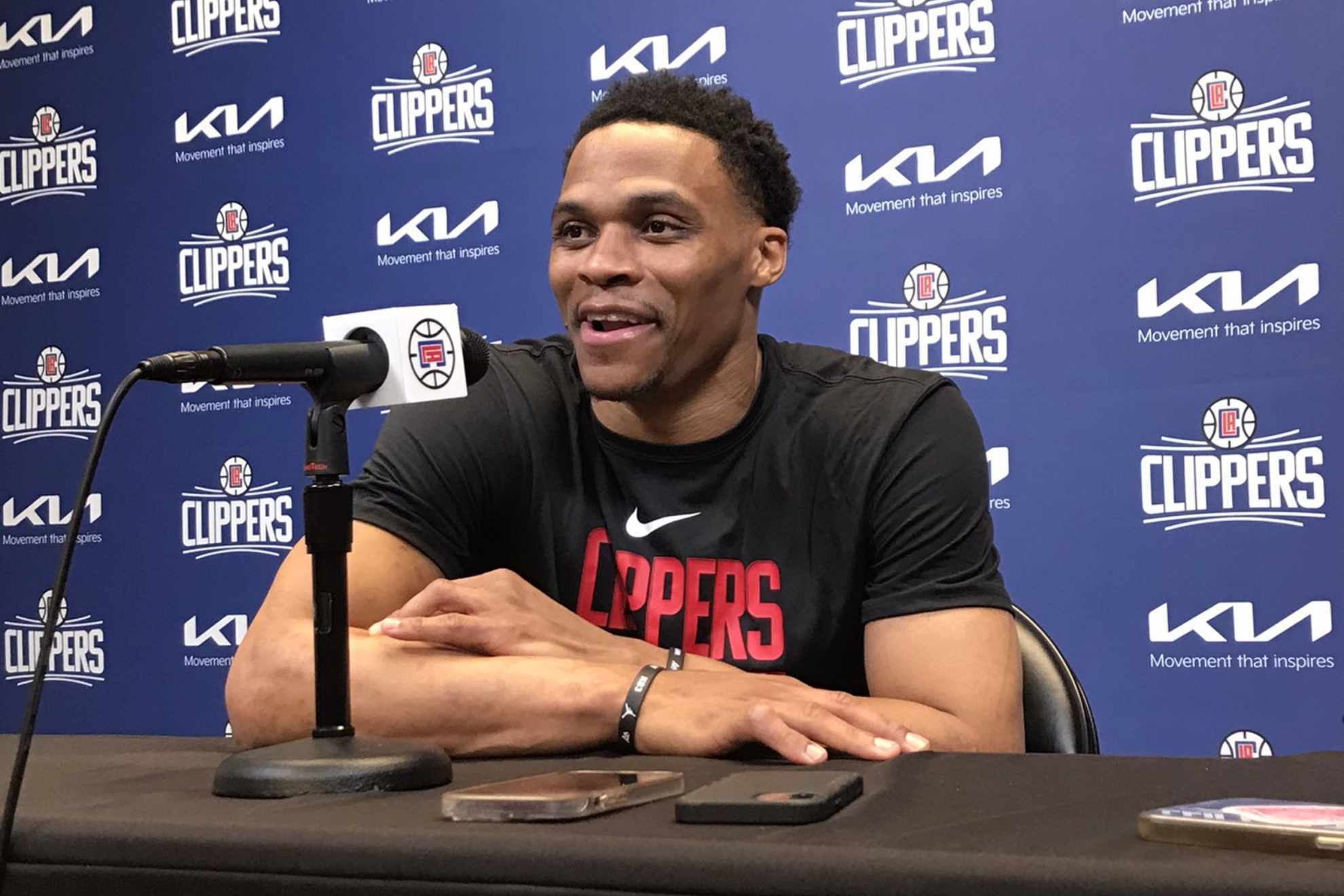 Russell Westbrook speaks to media after being presented as a new LA Clippers player.