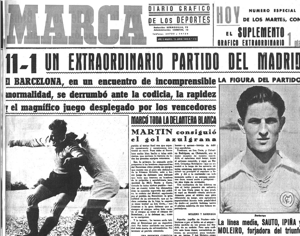 Portada de MARCA del 15 de junio de 1943, con el 11-1 del Real Madrid al Barcelona